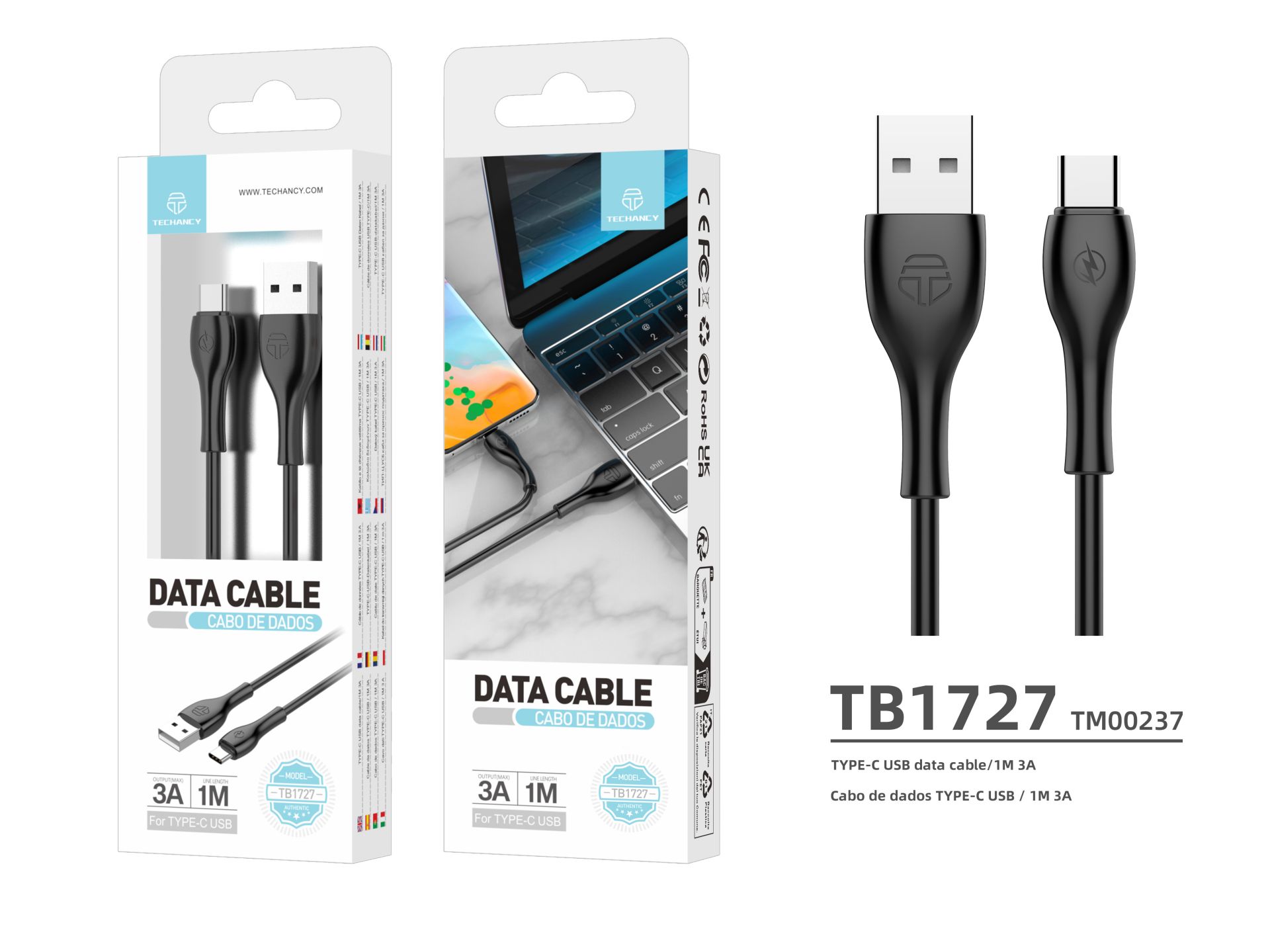 Techancy Pvc Cable de Datos 1M Tipo-C Negro 3A TB1727 Techancy Pvc Cable de Datos 1M Tipo-C Negro 3A TB1727