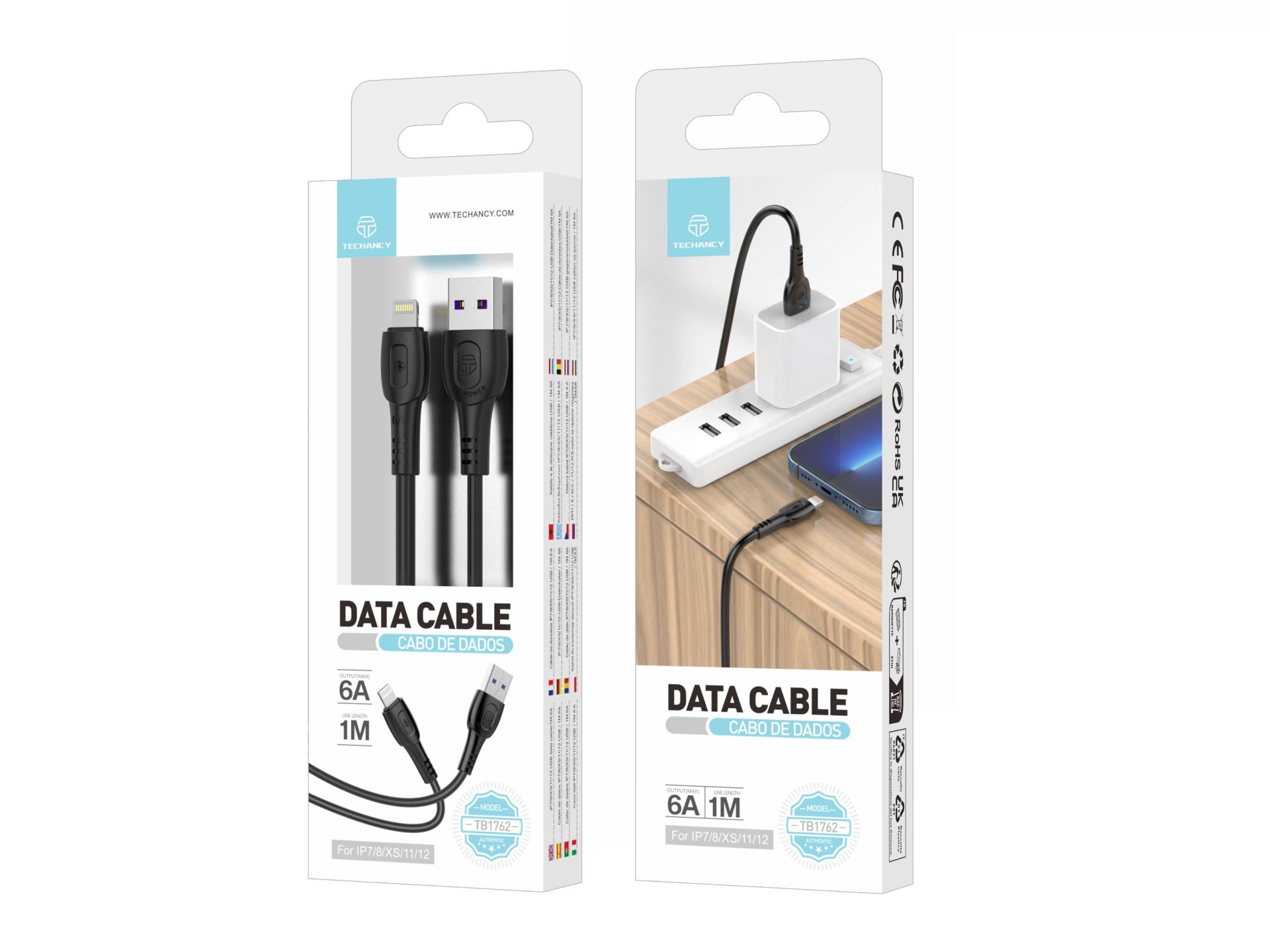 Cable de datos Techancy Generación 6A Lightning 1M Negro TB1762 Cable de datos Techancy Generación 6A Lightning 1M Negro TB1762