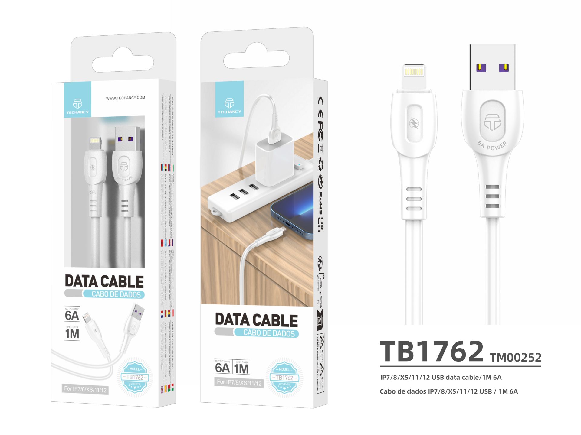 Cable de datos Techancy Generación 6A Lightning 1M Blanco TB1762 Cable de datos Techancy Generación 6A Lightning 1M Blanco TB1762