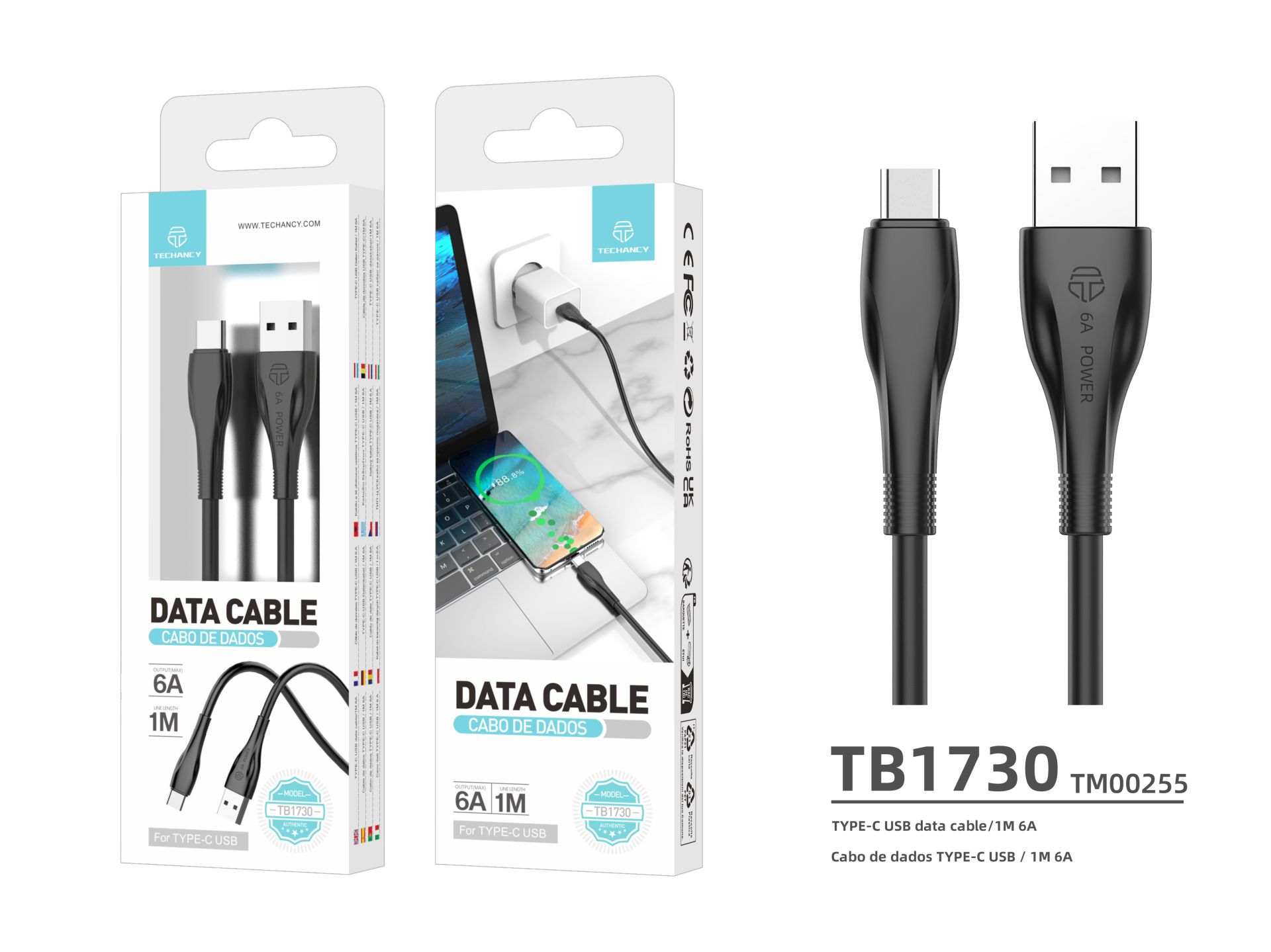 Techancy Data Cable Generation 2 6A Type-C 1M Black TB1730 Techancy Data Cable Generation 2 6A Type-C 1M Black TB1730
