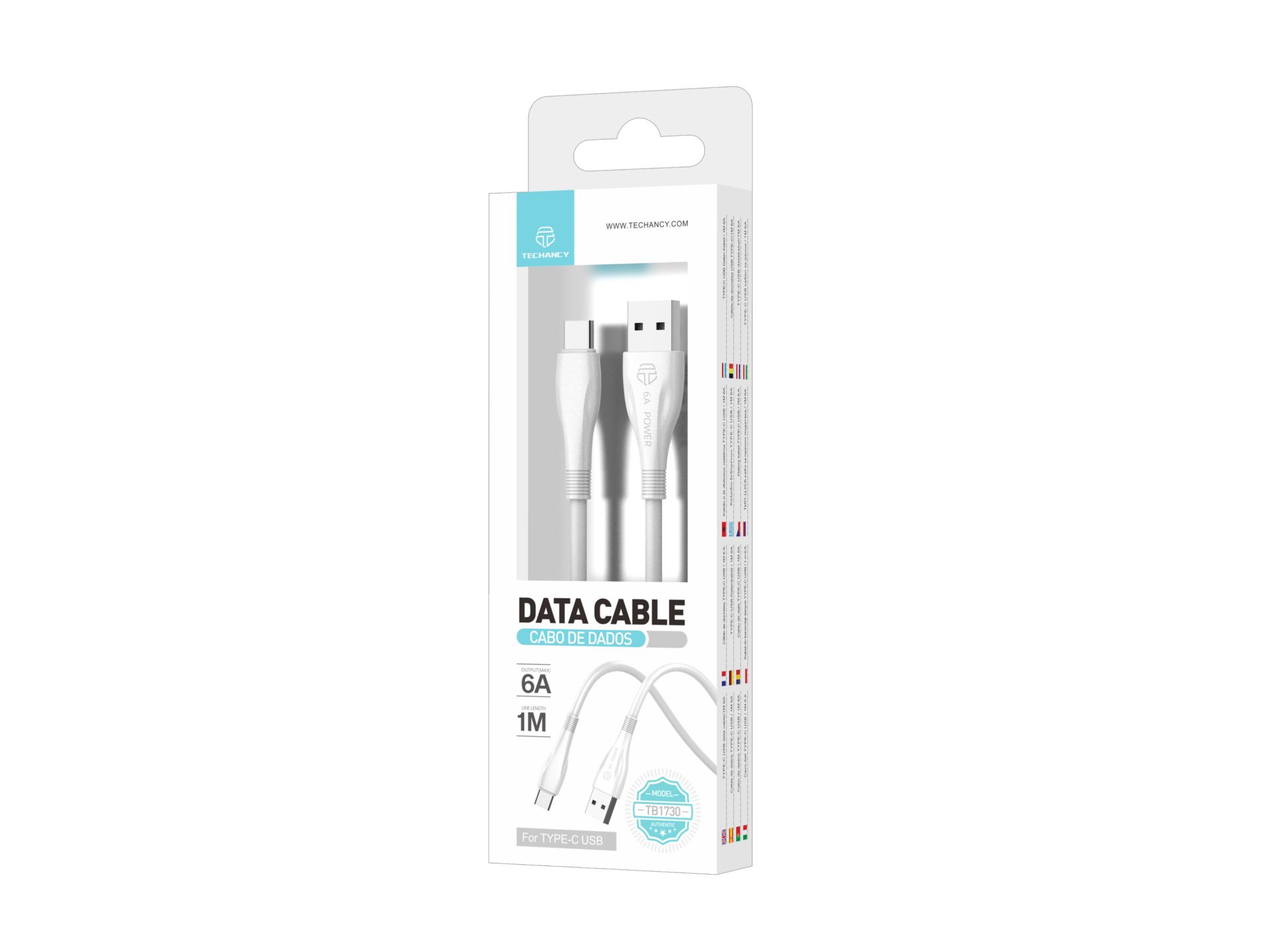 Cable de datos Techancy Generación 2 6A Tipo-C 1M Blanco TB1730 Cable de datos Techancy Generación 2 6A Tipo-C 1M Blanco TB1730
