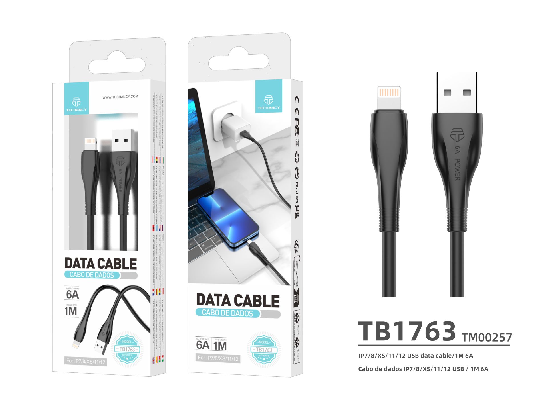 Techancy Data Cable 2 Generation 6A Lightning 1M Black TB1763 Techancy Data Cable 2 Generation 6A Lightning 1M Black TB1763