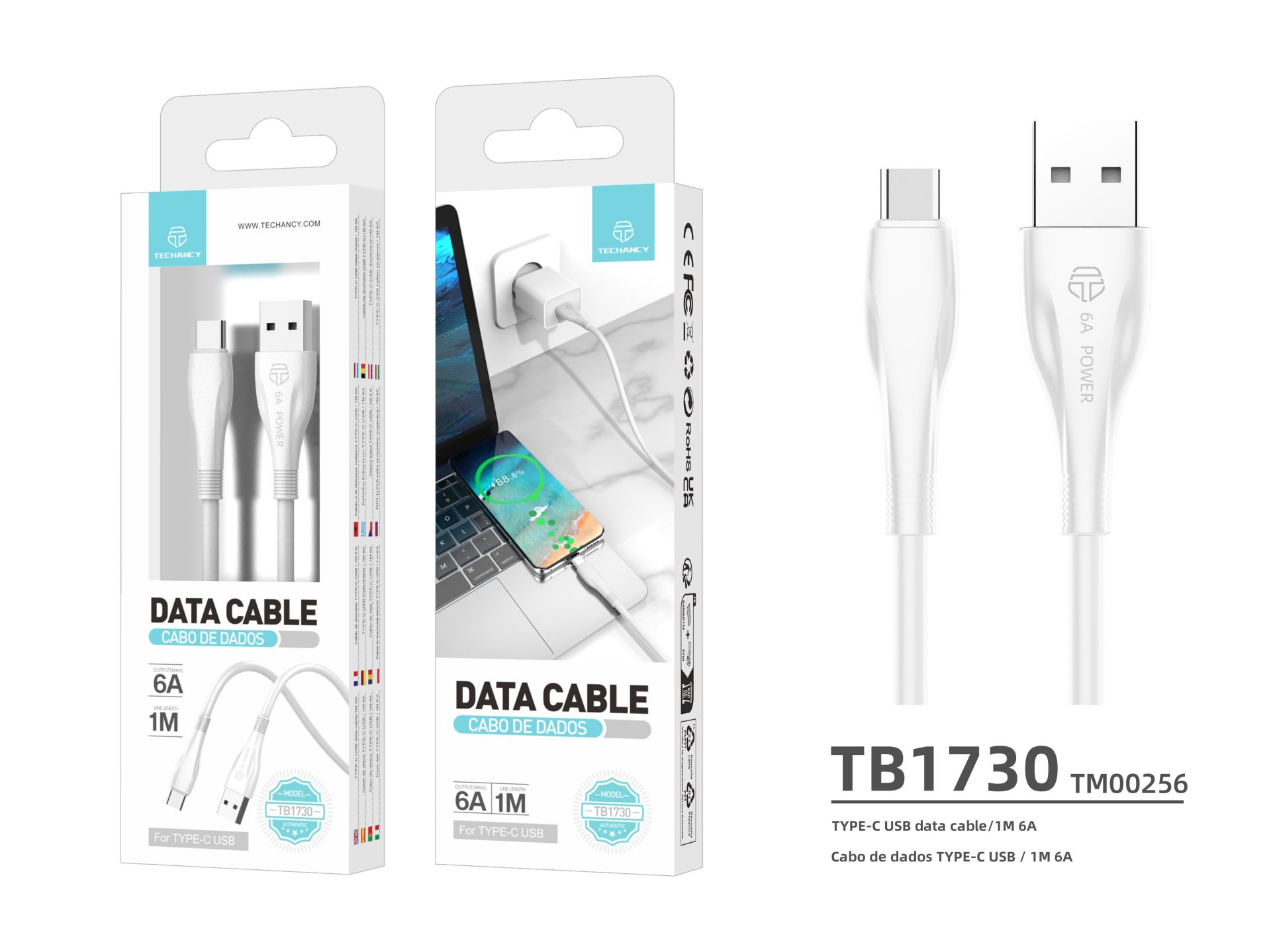 Cable de datos Techancy Generación 2 6A Tipo-C 1M Blanco TB1730 Cable de datos Techancy Generación 2 6A Tipo-C 1M Blanco TB1730