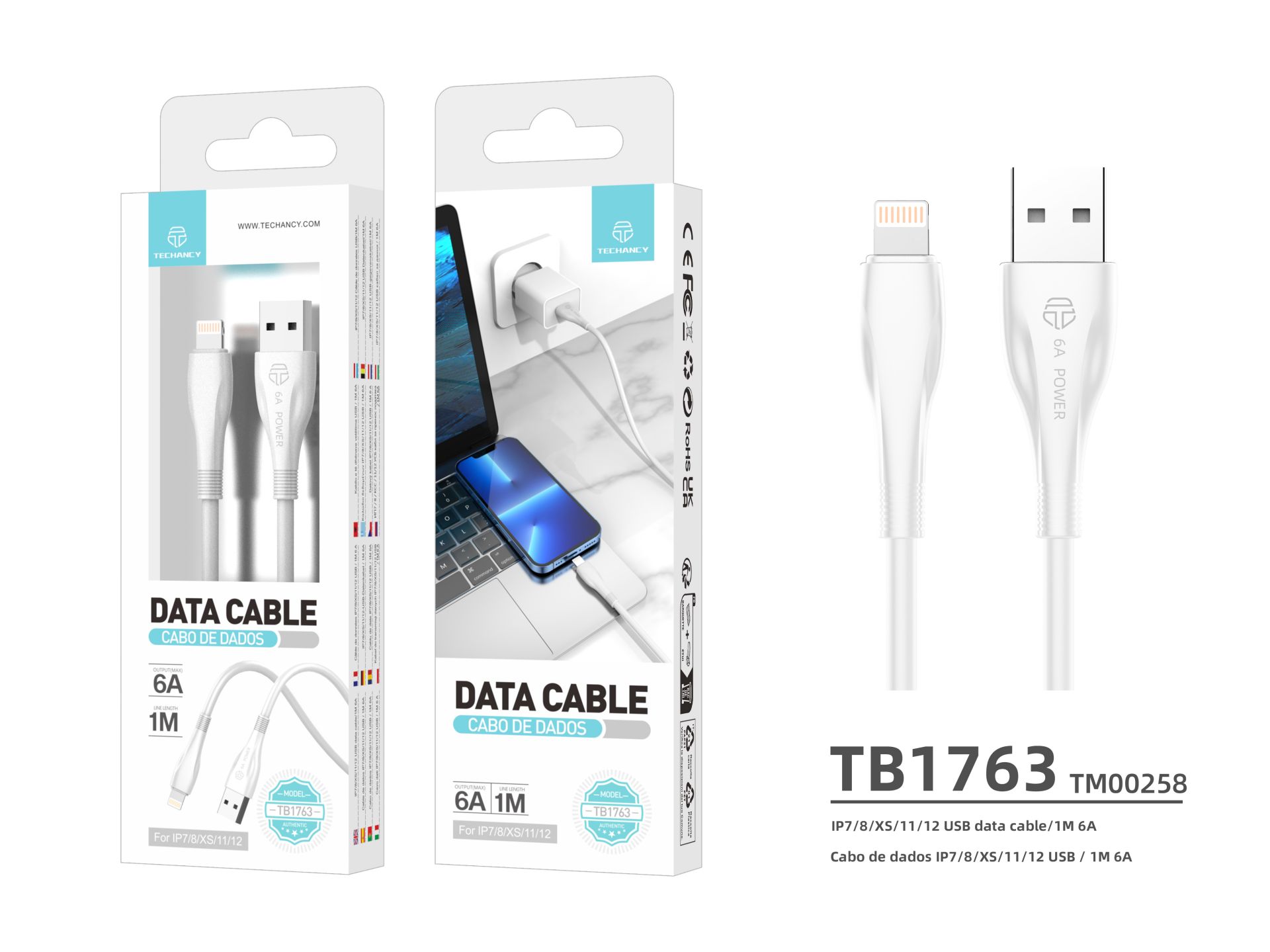 Techancy Cable de datos 2 Generación 6A Lightning 1M Blanco TB1763 Techancy Cable de datos 2 Generación 6A Lightning 1M Blanco TB1763