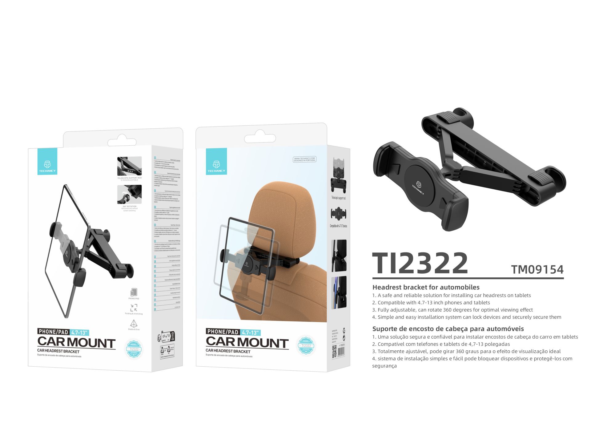Techancy Supporto per tablet o telefono cellulare per sedile posteriore dell'auto TI2322 Nero Techancy Supporto per tablet o telefono cellulare per sedile posteriore dell'auto TI2322 Nero