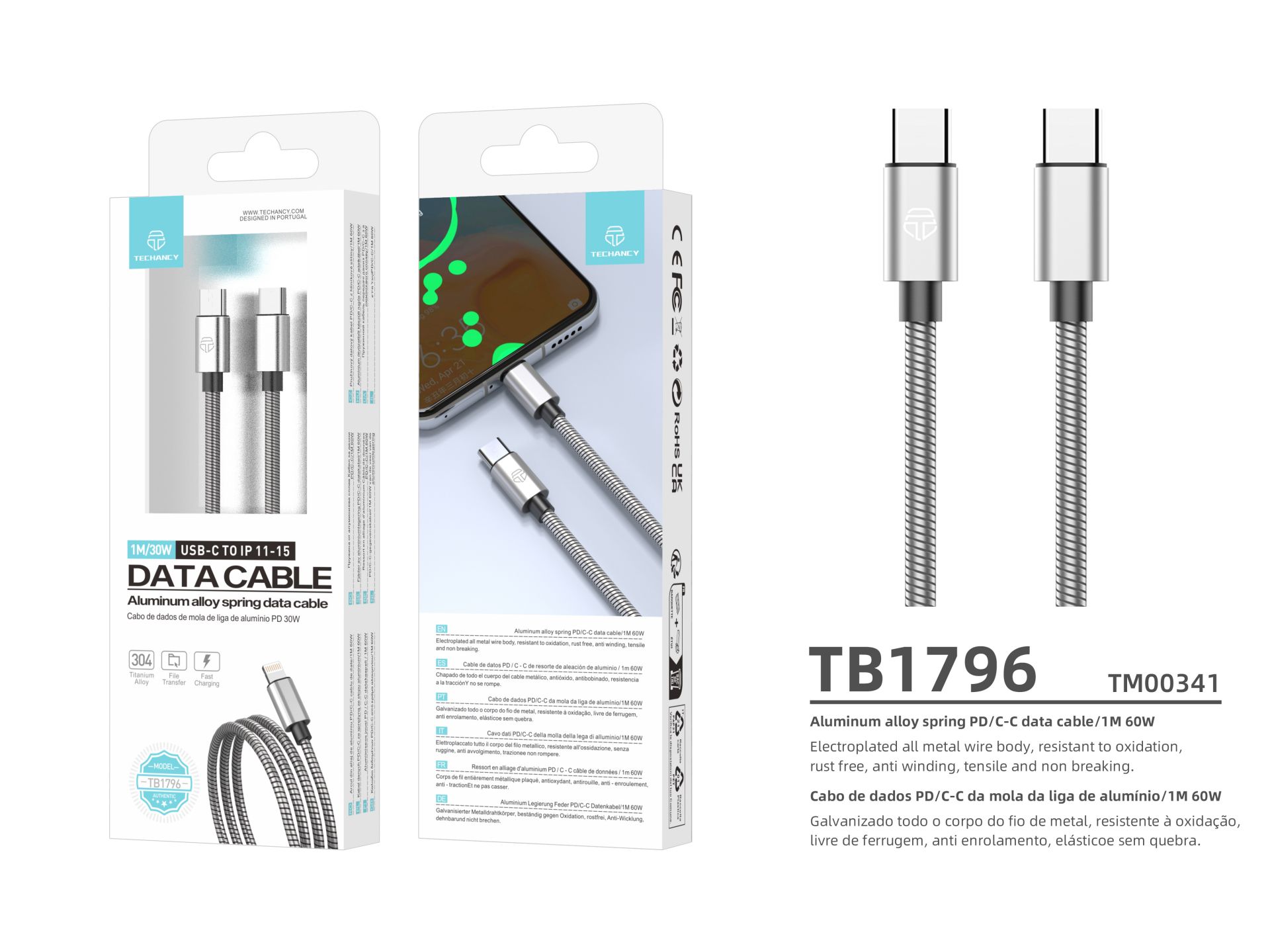 Techancy Usb-C To Usb-C Aluminium 60W 1M TB1796 Silver Techancy Usb-C To Usb-C Aluminium 60W 1M TB1796 Silver
