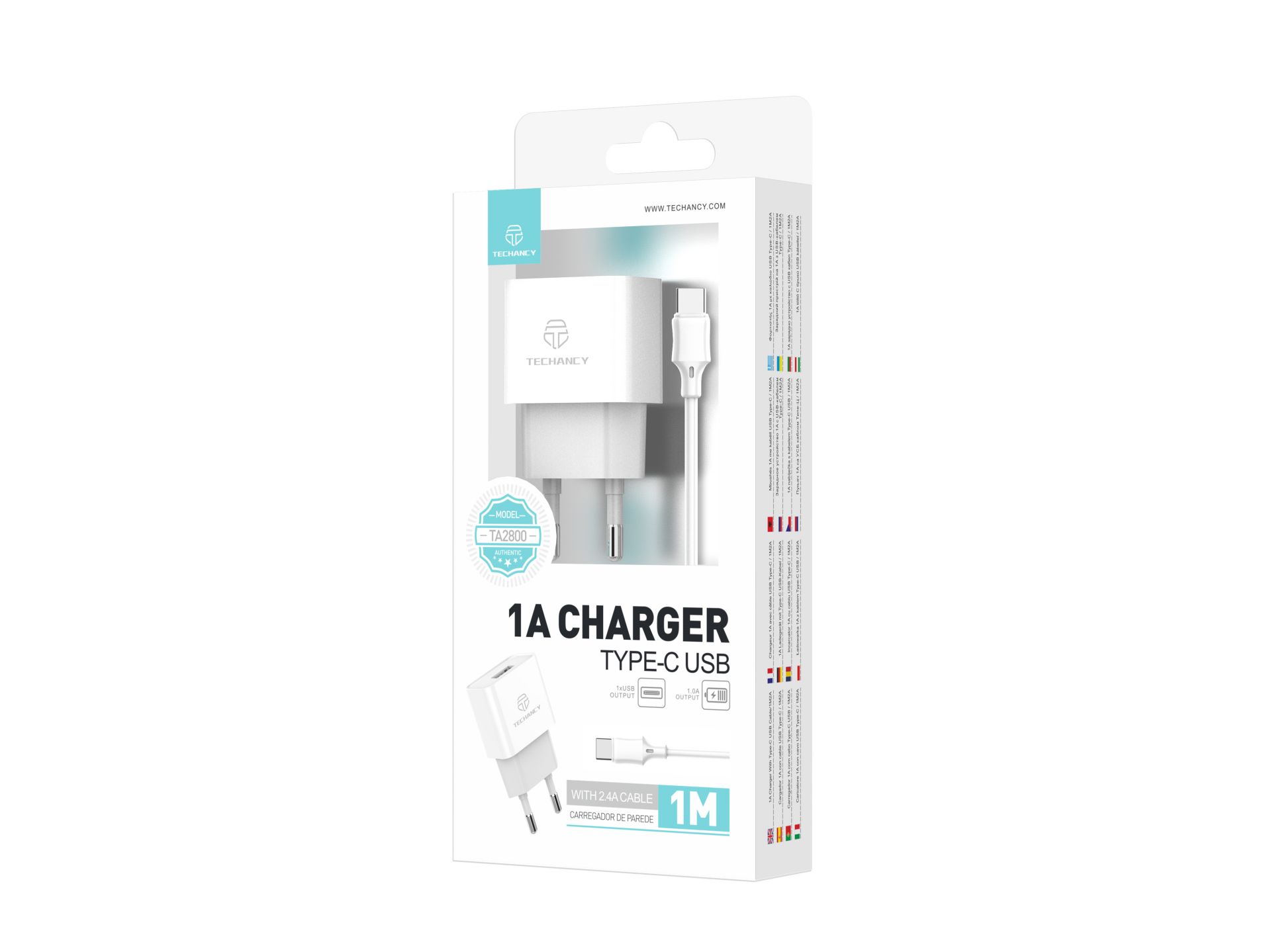Techancy Chargeur Avec Câble Type-C 1A 1M 1Usb TA2800 Blanc Techancy Chargeur Avec Câble Type-C 1A 1M 1Usb TA2800 Blanc