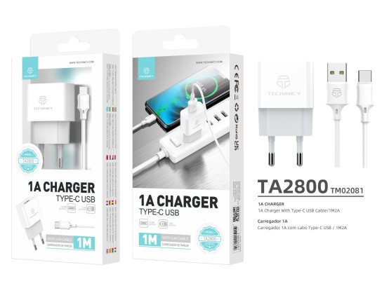 Techancy Chargeur Avec Câble Type-C 1A 1M 1Usb TA2800 Blanc Techancy Chargeur Avec Câble Type-C 1A 1M 1Usb TA2800 Blanc