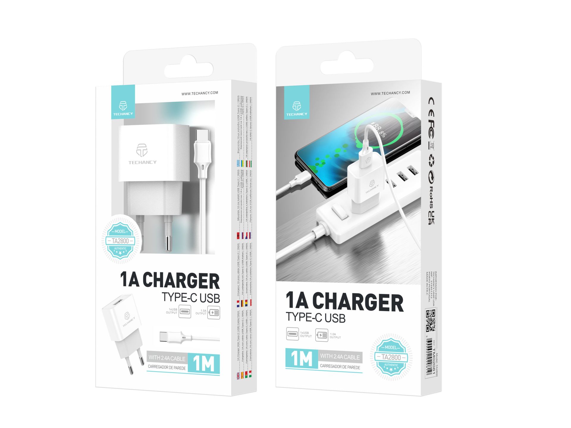 Techancy Chargeur Avec Câble Type-C 1A 1M 1Usb TA2800 Blanc Techancy Chargeur Avec Câble Type-C 1A 1M 1Usb TA2800 Blanc