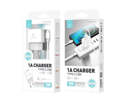 Techancy Chargeur Avec Câble Type-C 1A 1M 1Usb TA2800 Blanc Techancy Chargeur Avec Câble Type-C 1A 1M 1Usb TA2800 Blanc