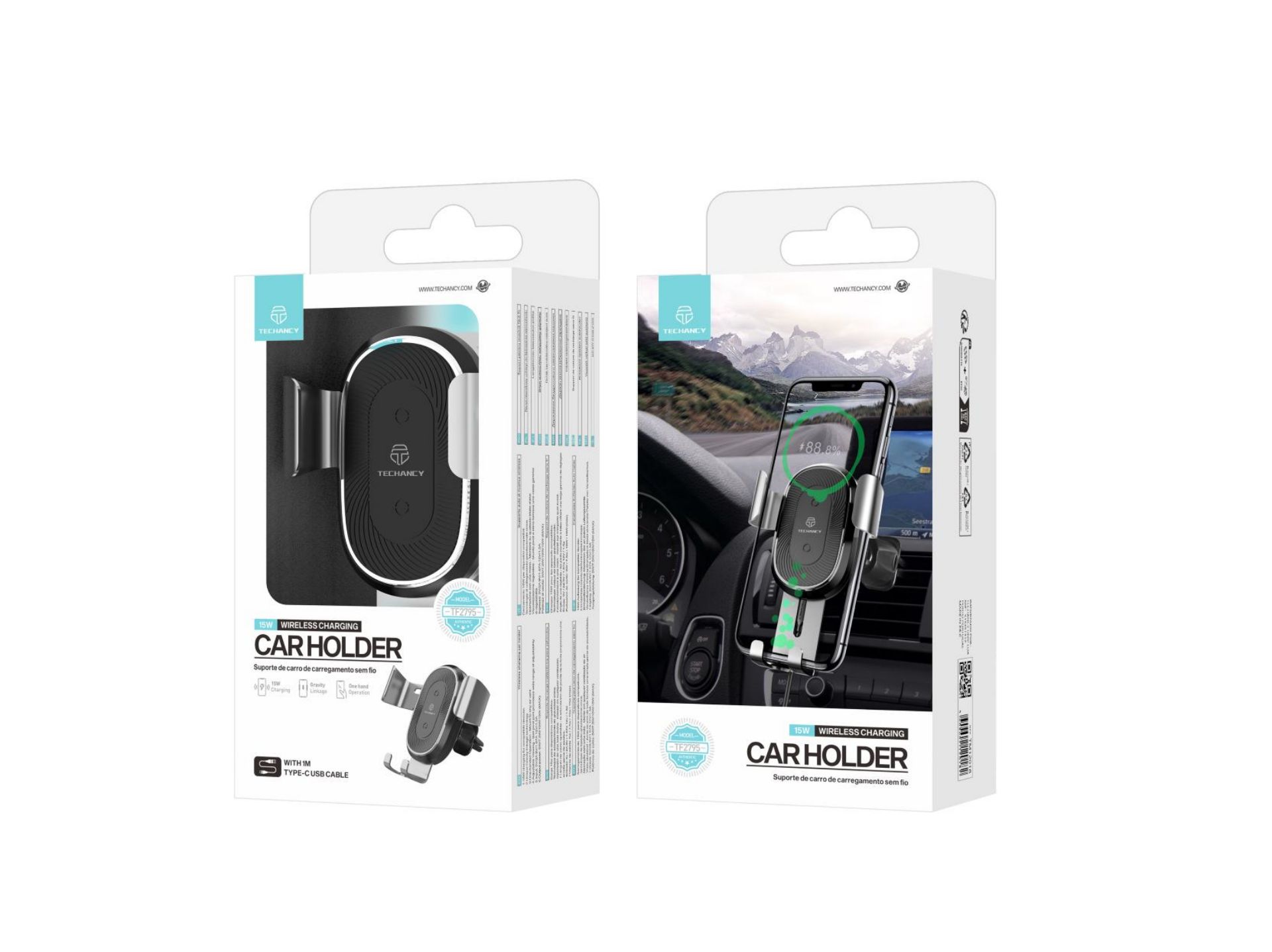 Techancy Soporte Para Coche Con Cargador Inalámbrico 15W TF2795 Plata Techancy Soporte Para Coche Con Cargador Inalámbrico 15W TF2795 Plata
