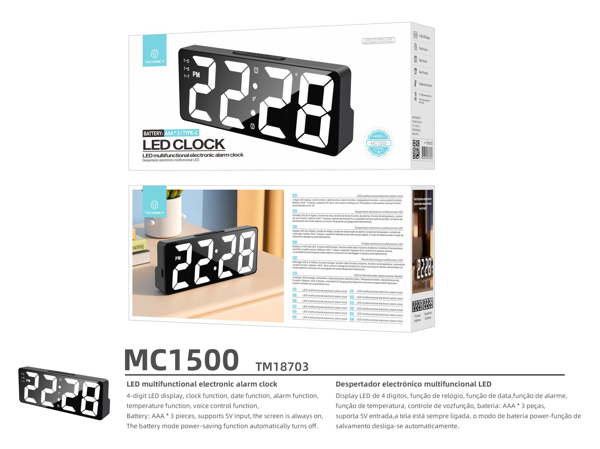Techancy Despertador Led Multi-Funcoes MC1500 Preto Techancy Despertador Led Multi-Funcoes MC1500 Preto