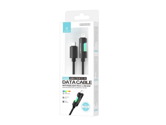 Techancy USB-C to Lightning Data Cable TB1797, 1m/30W, RGB Light, Aluminum Alloy Braided, Compatible Techancy USB-C to Lightning Data Cable TB1797, 1m/30W, RGB Light, Aluminum Alloy Braided, Compatible