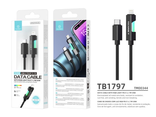 Techancy USB-C to Lightning Data Cable TB1797, 1m/30W, RGB Light, Aluminum Alloy Braided, Compatible Techancy USB-C to Lightning Data Cable TB1797, 1m/30W, RGB Light, Aluminum Alloy Braided, Compatible