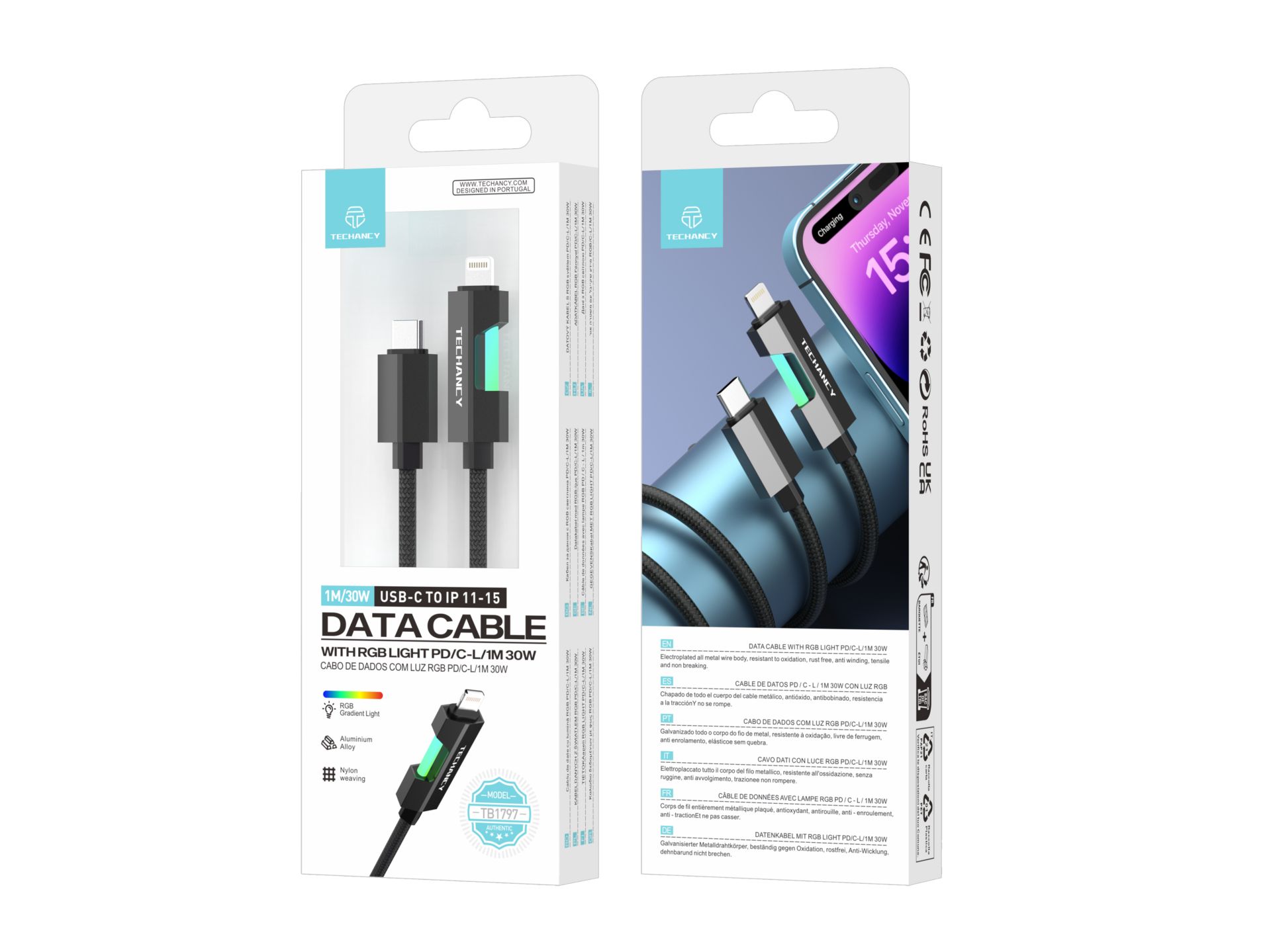 Techancy USB-C to Lightning Data Cable TB1797, 1m/30W, RGB Light, Aluminum Alloy Braided, Compatible Techancy USB-C to Lightning Data Cable TB1797, 1m/30W, RGB Light, Aluminum Alloy Braided, Compatible