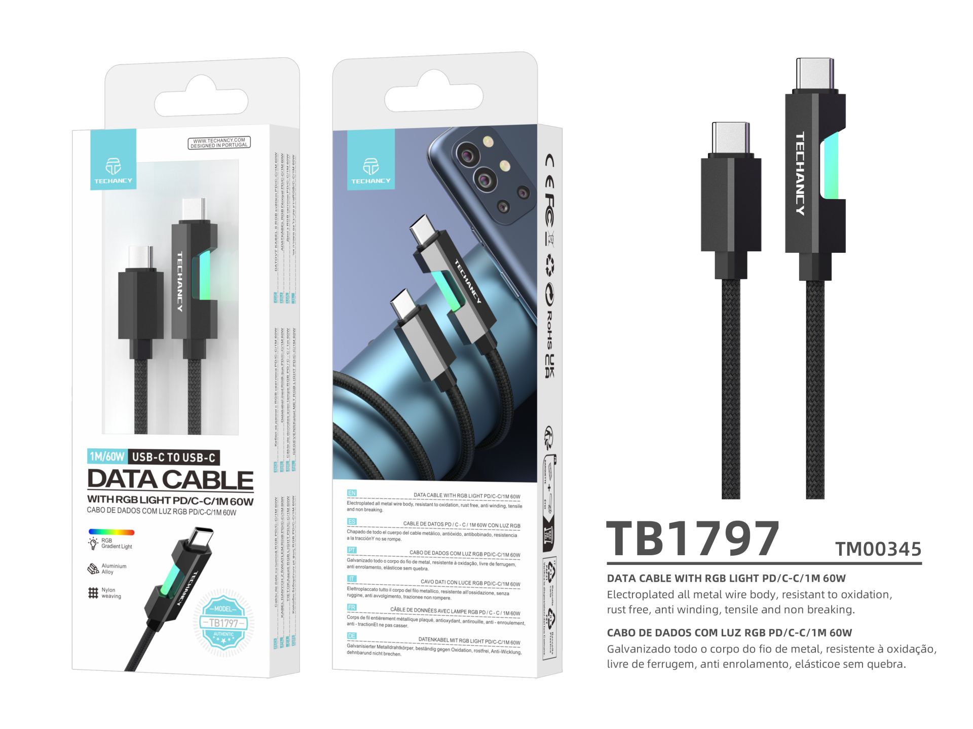 Techancy USB-C to USB-C Data Cable TB1797, 1m/60W, with RGB Light, Aluminum Alloy Braided Black