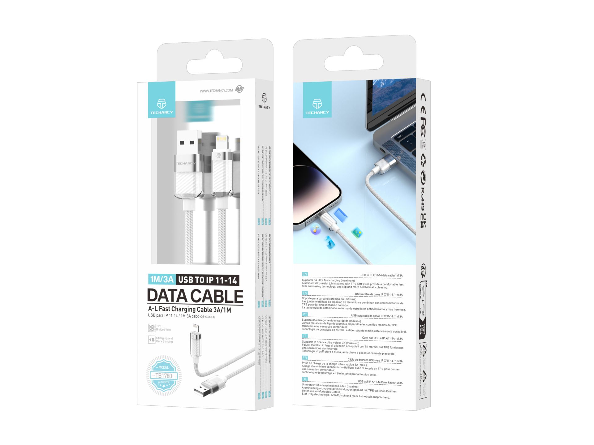 Techancy Cable USB de datos para iPhone 11-14 1M/3A, Cable de carga rápida A-L para iPhone 11-14, Mo Techancy Cable USB de datos para iPhone 11-14 1M/3A, Cable de carga rápida A-L para iPhone 11-14, Mo