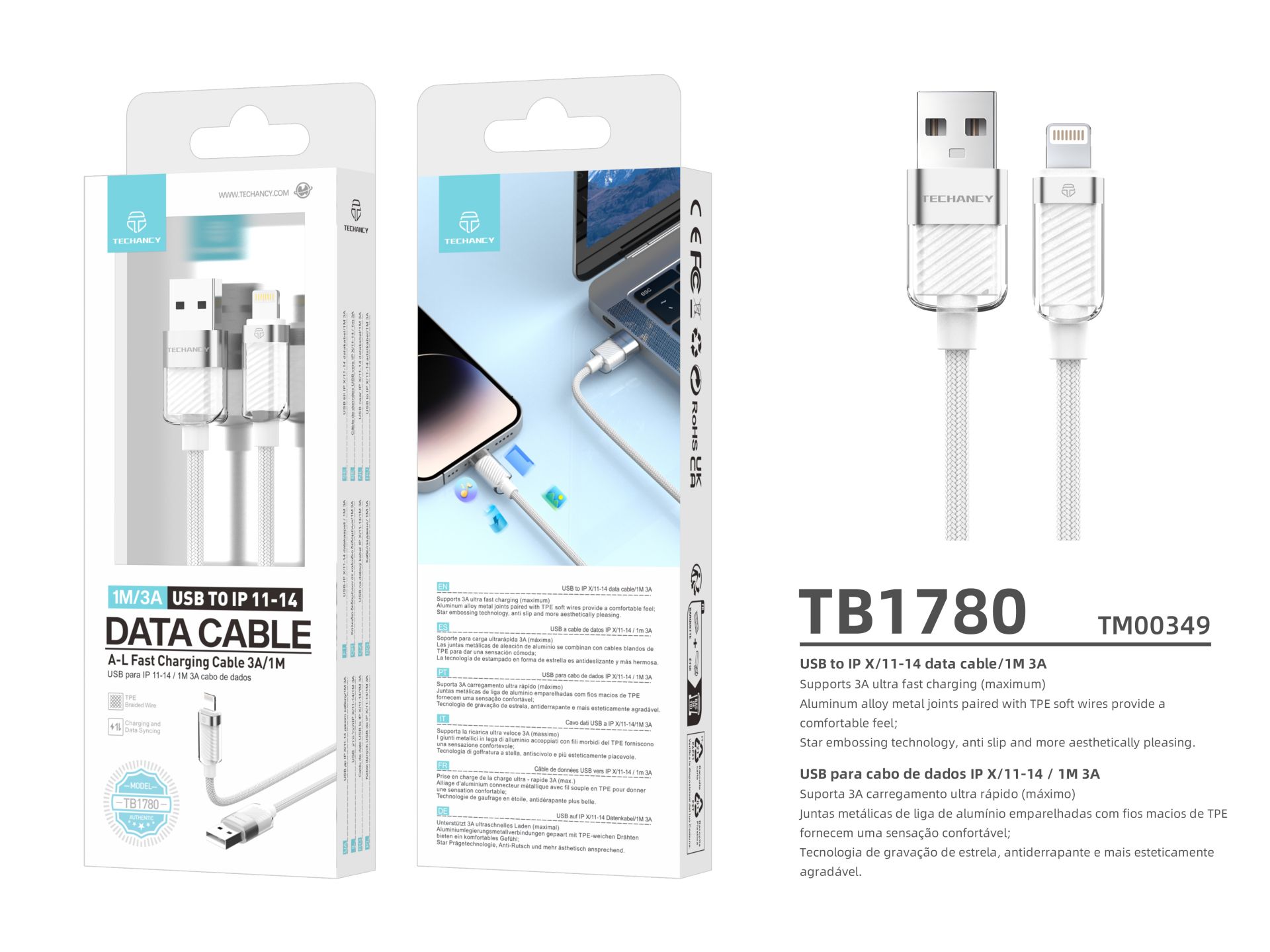 Techancy Cable USB de datos para iPhone 11-14 1M/3A, Cable de carga rápida A-L para iPhone 11-14, Mo Techancy Cable USB de datos para iPhone 11-14 1M/3A, Cable de carga rápida A-L para iPhone 11-14, Mo