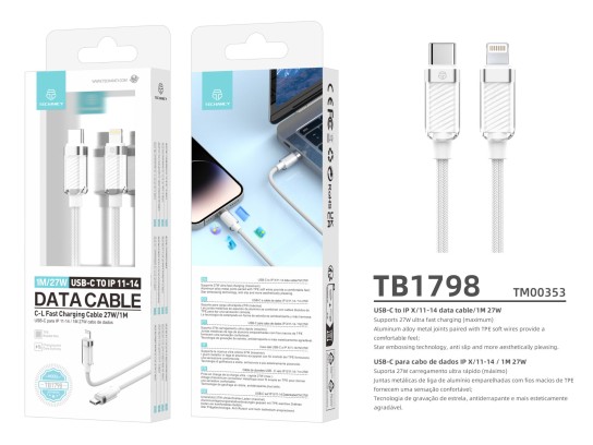 Techancy Cabo de Dados USB-C para IP 11-14 1M/27W, Branco, Cabo de Carregamento Rápido C-L para iPho Techancy Cabo de Dados USB-C para IP 11-14 1M/27W, Branco, Cabo de Carregamento Rápido C-L para iPho