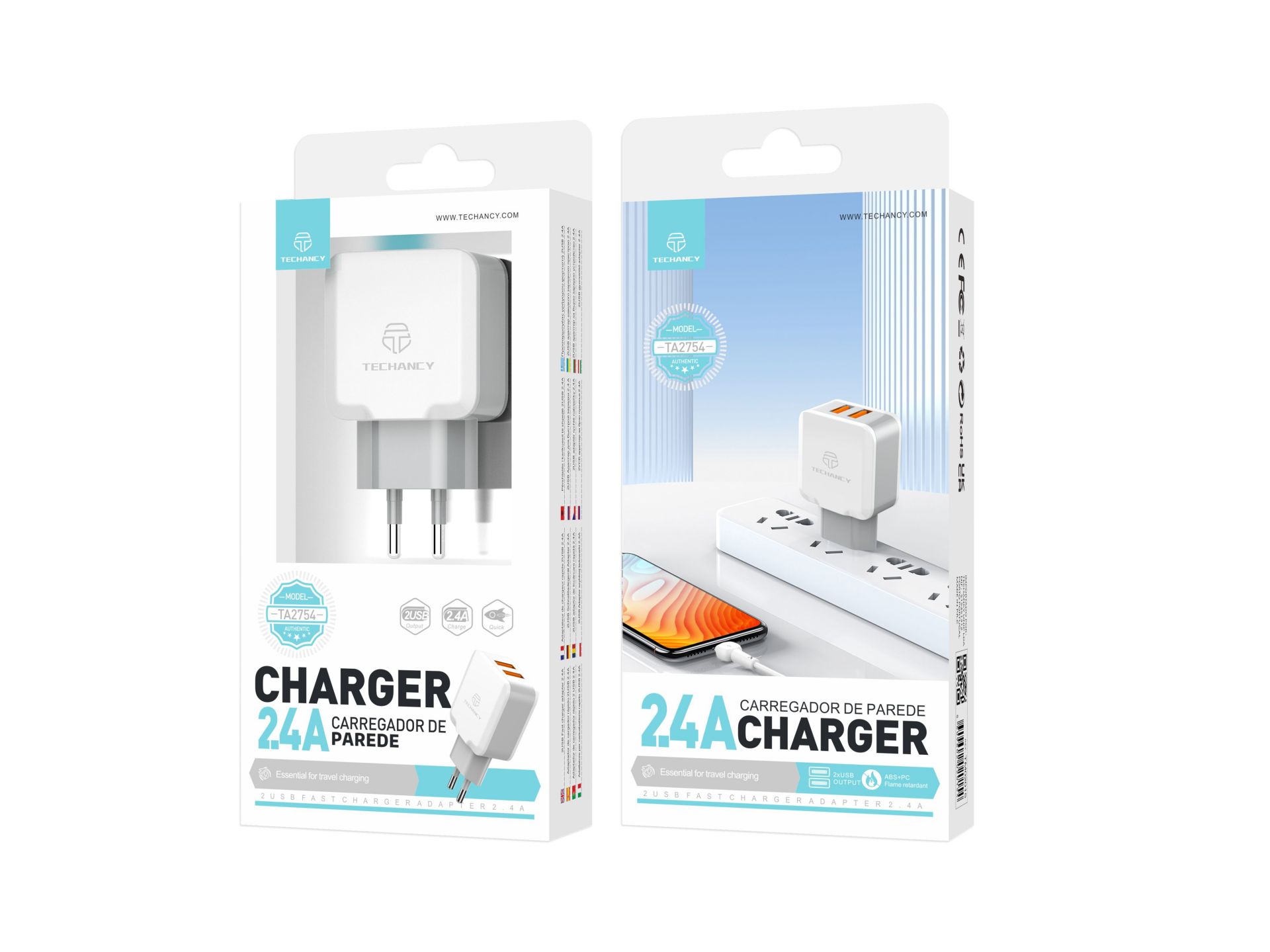 Techancy Wall Charger with 2 USB Ports 2.4A, Fast Charging Adapter TA2754 for Smartphones and Tablet Techancy Wall Charger with 2 USB Ports 2.4A, Fast Charging Adapter TA2754 for Smartphones and Tablet