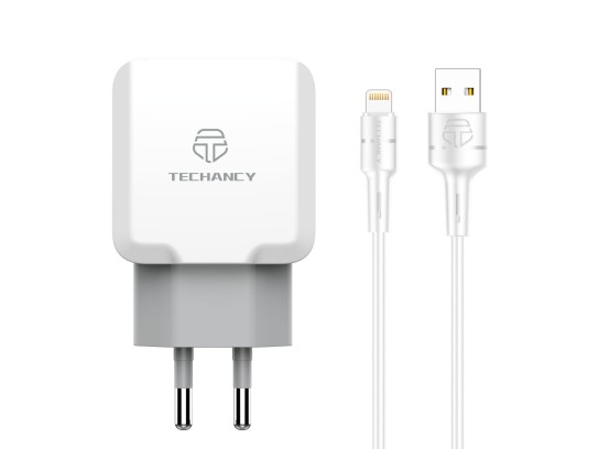 Techancy Wall Charger USB 2.4A, Fast Charging Adapter TA2755 with 2 USB Ports 2.4A and Lightning Cab