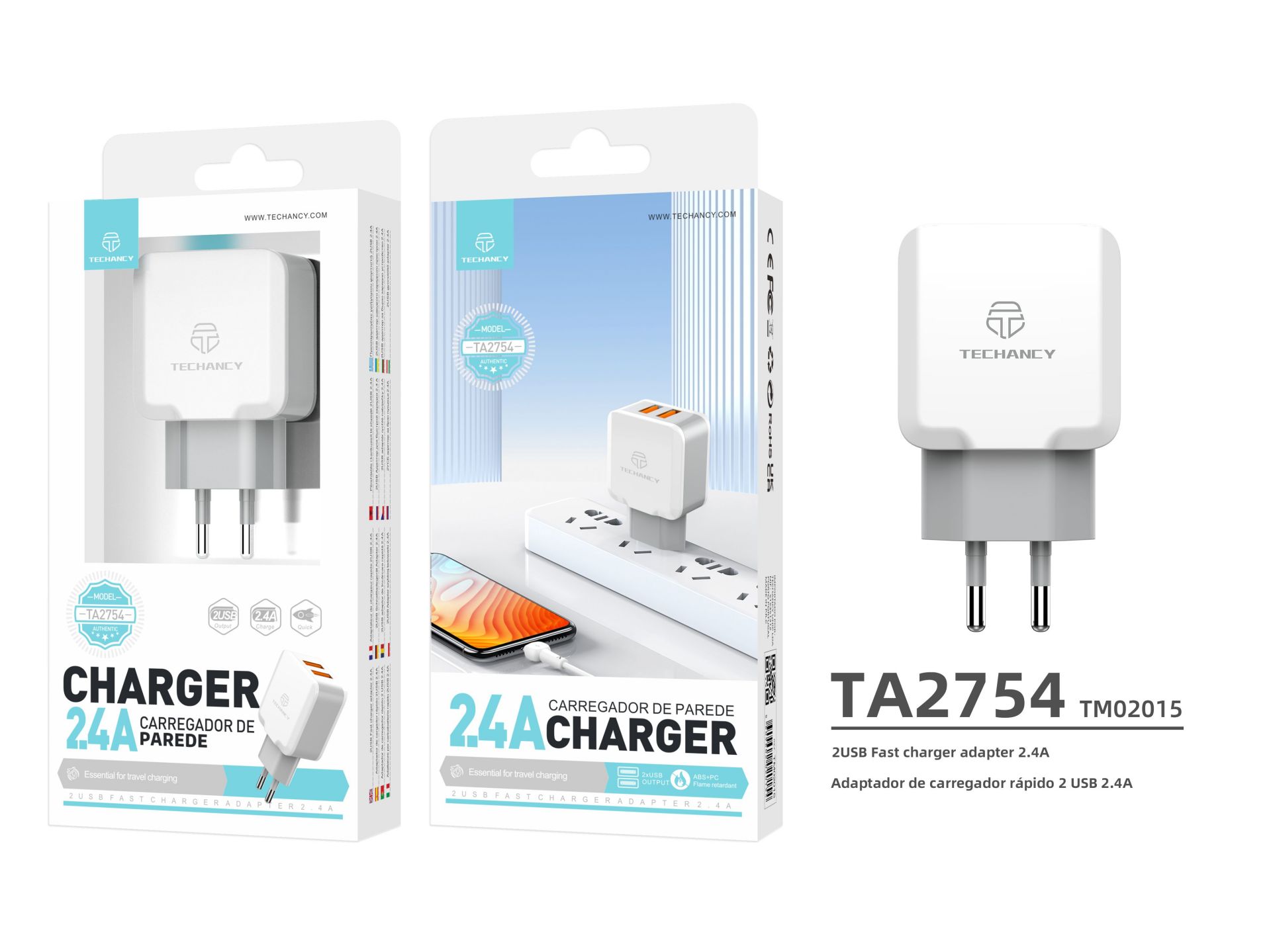 Techancy Wall Charger with 2 USB Ports 2.4A, Fast Charging Adapter TA2754 for Smartphones and Tablet Techancy Wall Charger with 2 USB Ports 2.4A, Fast Charging Adapter TA2754 for Smartphones and Tablet