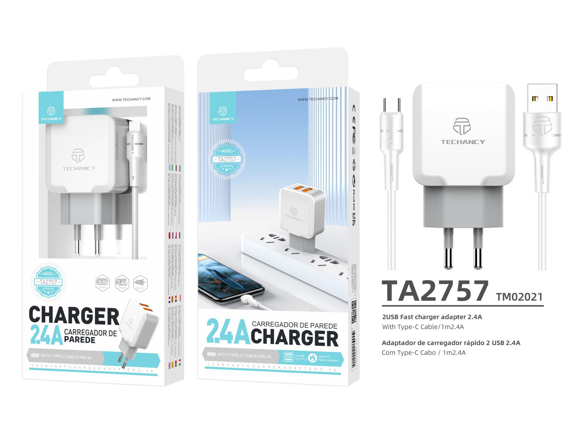 Techancy Cargador de Pared USB 2.4A, Adaptador de Carga Rápida TA2757 con 2 Puertos USB 2.4A y Cable Techancy Cargador de Pared USB 2.4A, Adaptador de Carga Rápida TA2757 con 2 Puertos USB 2.4A y Cable