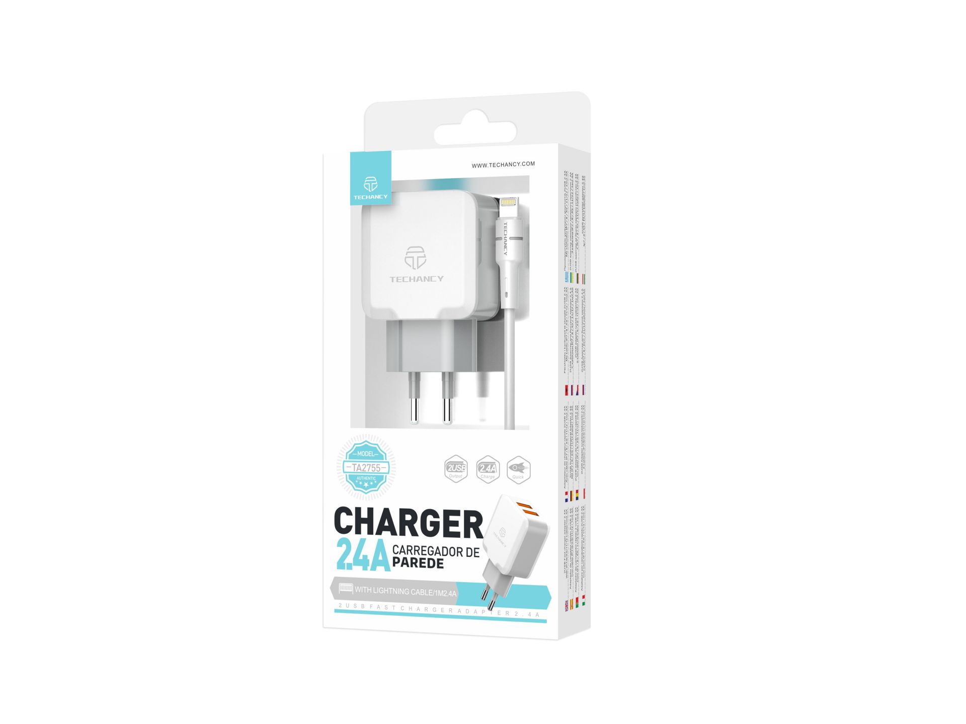 Techancy Carregador de Parede USB 24A, Adaptador de Carregamento Rapido TA2755 com 2 Portas USB 2.4A Techancy Carregador de Parede USB 24A, Adaptador de Carregamento Rapido TA2755 com 2 Portas USB 2.4A