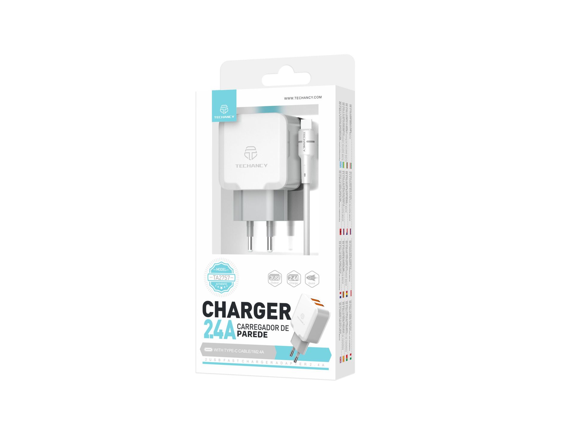 Techancy Cargador de Pared USB 2.4A, Adaptador de Carga Rápida TA2757 con 2 Puertos USB 2.4A y Cable Techancy Cargador de Pared USB 2.4A, Adaptador de Carga Rápida TA2757 con 2 Puertos USB 2.4A y Cable