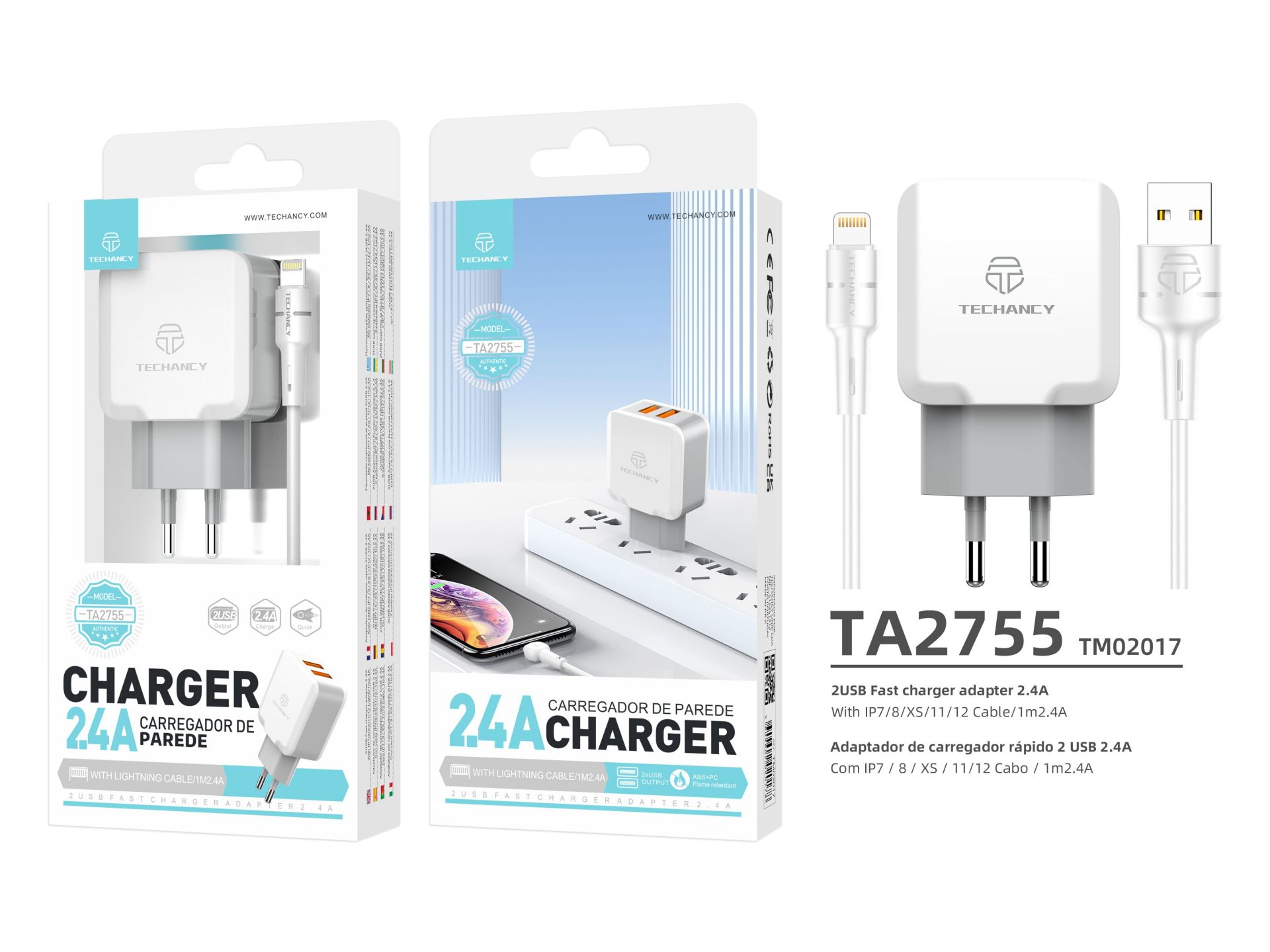 Techancy Carregador de Parede USB 24A, Adaptador de Carregamento Rapido TA2755 com 2 Portas USB 2.4A Techancy Carregador de Parede USB 24A, Adaptador de Carregamento Rapido TA2755 com 2 Portas USB 2.4A