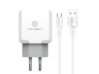 Techancy Wall Charger USB 2.4A, Fast Charging Adapter TA2757 with 2 USB Ports 2.4A and Type-C Cable 