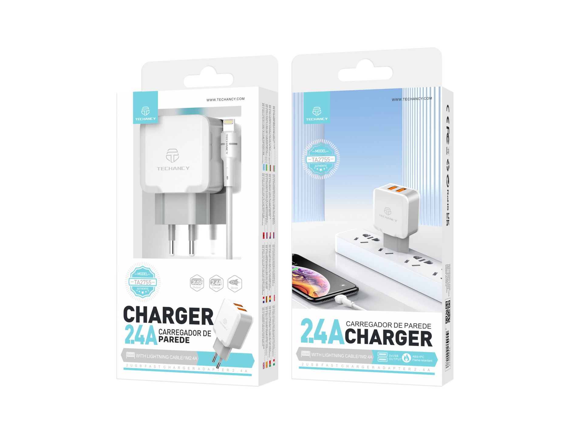 Techancy Carregador de Parede USB 24A, Adaptador de Carregamento Rapido TA2755 com 2 Portas USB 2.4A Techancy Carregador de Parede USB 24A, Adaptador de Carregamento Rapido TA2755 com 2 Portas USB 2.4A