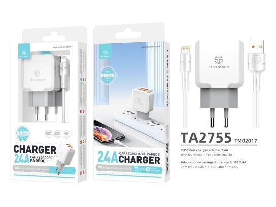 Techancy Carregador de Parede USB 24A, Adaptador de Carregamento Rapido TA2755 com 2 Portas USB 2.4A Techancy Carregador de Parede USB 24A, Adaptador de Carregamento Rapido TA2755 com 2 Portas USB 2.4A
