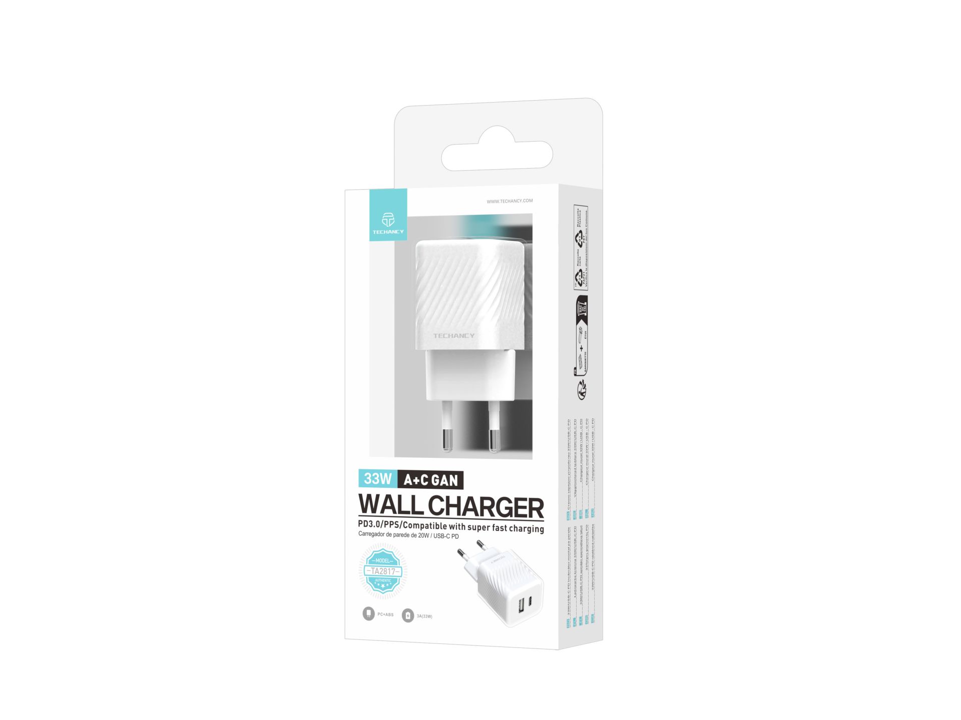 Techancy Carregador de Parede 33W USB-C PD, Adaptador de Carregamento Rápido de Porta Dupla A+C GAN Techancy Carregador de Parede 33W USB-C PD, Adaptador de Carregamento Rápido de Porta Dupla A+C GAN