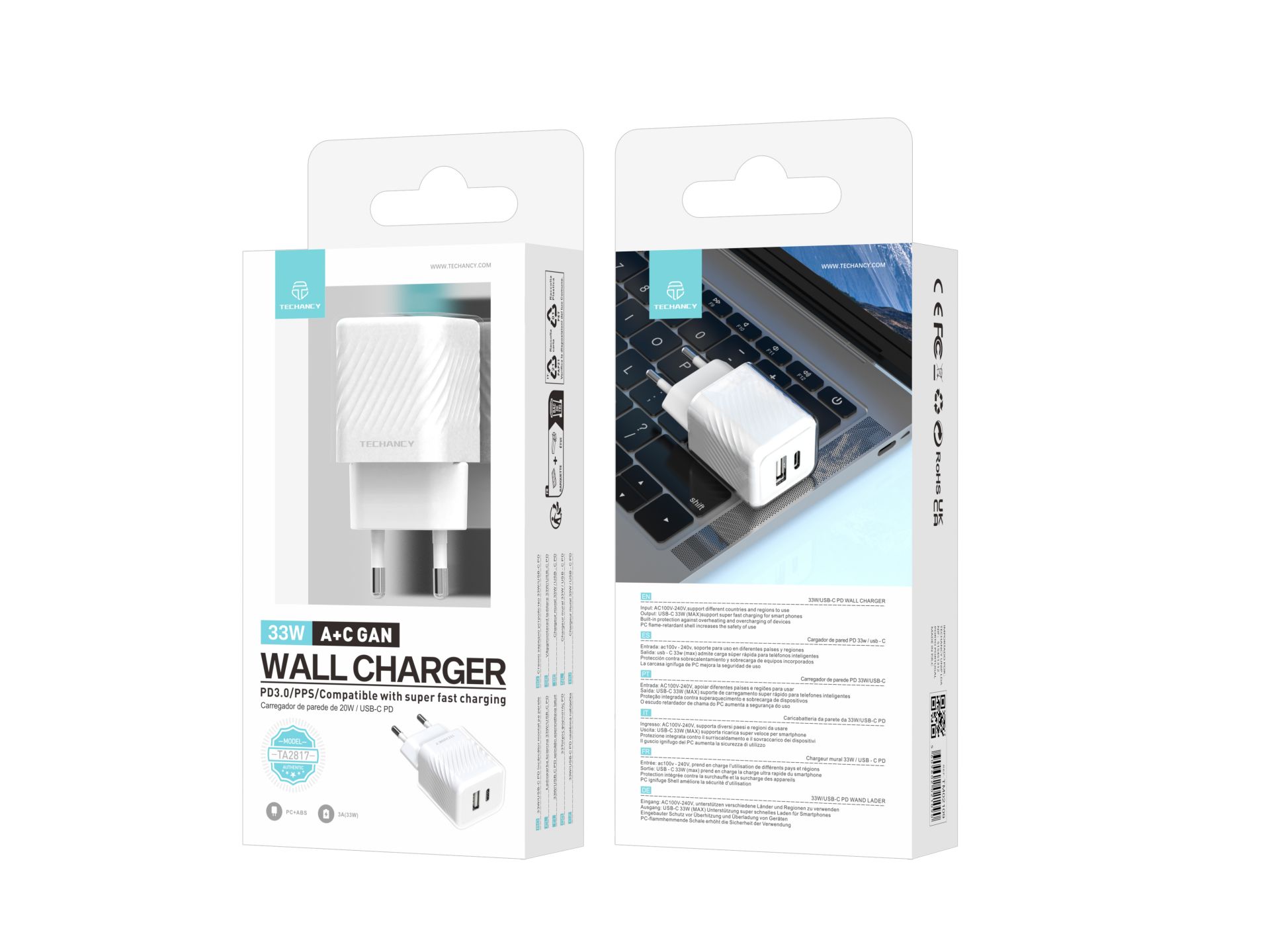 Techancy Carregador de Parede 33W USB-C PD, Adaptador de Carregamento Rápido de Porta Dupla A+C GAN Techancy Carregador de Parede 33W USB-C PD, Adaptador de Carregamento Rápido de Porta Dupla A+C GAN
