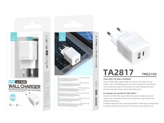 Techancy Carregador de Parede 33W USB-C PD, Adaptador de Carregamento Rápido de Porta Dupla A+C GAN Techancy Carregador de Parede 33W USB-C PD, Adaptador de Carregamento Rápido de Porta Dupla A+C GAN