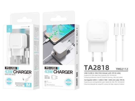 Techancy 43W Fast Charger PD3.0+PPS+QC3.0 USB - with USB-C to USB-C Cable 1m 3A, Compatible with iPh Techancy 43W Fast Charger PD3.0+PPS+QC3.0 USB - with USB-C to USB-C Cable 1m 3A, Compatible with iPh