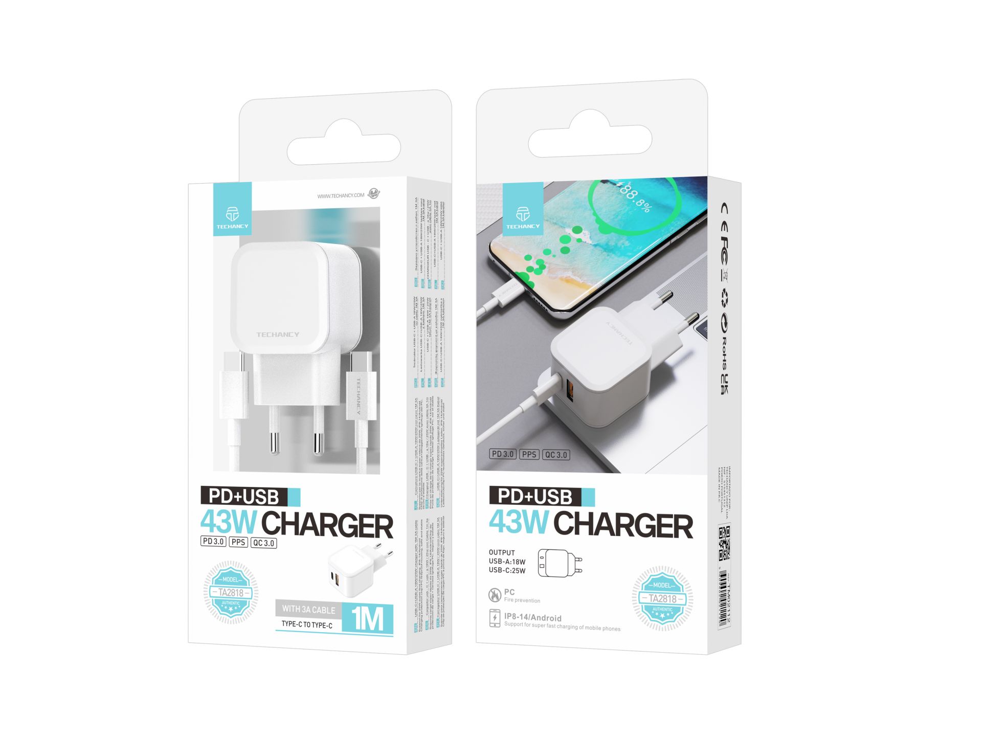 Techancy 43W Fast Charger PD3.0+PPS+QC3.0 USB - with USB-C to USB-C Cable 1m 3A, Compatible with iPh Techancy 43W Fast Charger PD3.0+PPS+QC3.0 USB - with USB-C to USB-C Cable 1m 3A, Compatible with iPh