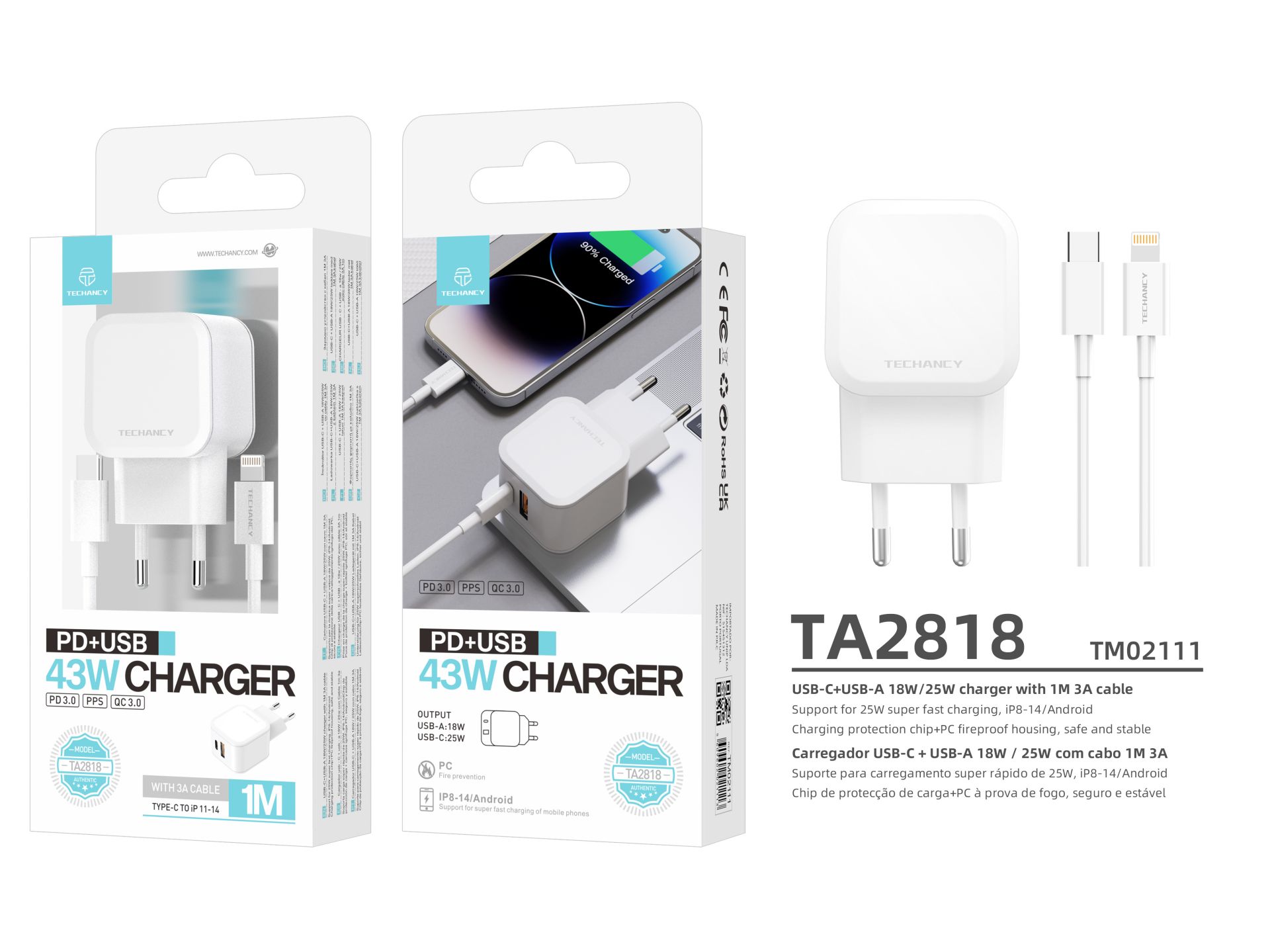 Techancy Carregador USB-C + USB-A 43W com Cabo de 1M 3A, Compatível com iPhone 11-14 e Dispositivos Techancy Carregador USB-C + USB-A 43W com Cabo de 1M 3A, Compatível com iPhone 11-14 e Dispositivos