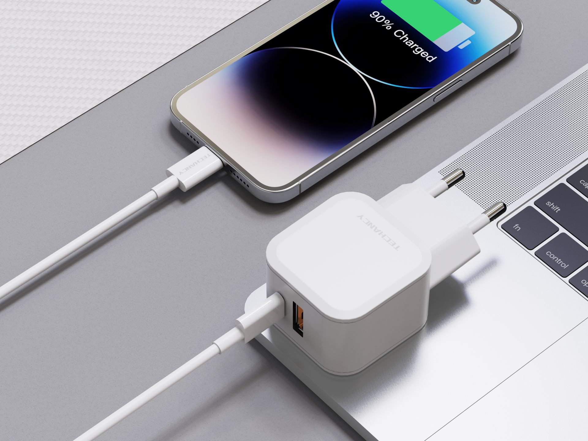 Techancy Carregador USB-C + USB-A 43W com Cabo de 1M 3A, Compatível com iPhone 11-14 e Dispositivos Techancy Carregador USB-C + USB-A 43W com Cabo de 1M 3A, Compatível com iPhone 11-14 e Dispositivos