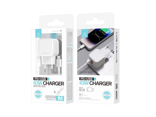 Techancy Carregador USB-C + USB-A 43W com Cabo de 1M 3A, Compatível com iPhone 11-14 e Dispositivos Techancy Carregador USB-C + USB-A 43W com Cabo de 1M 3A, Compatível com iPhone 11-14 e Dispositivos