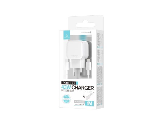Techancy Carregador USB-C + USB-A 43W com Cabo de 1M 3A, Compatível com iPhone 11-14 e Dispositivos Techancy Carregador USB-C + USB-A 43W com Cabo de 1M 3A, Compatível com iPhone 11-14 e Dispositivos