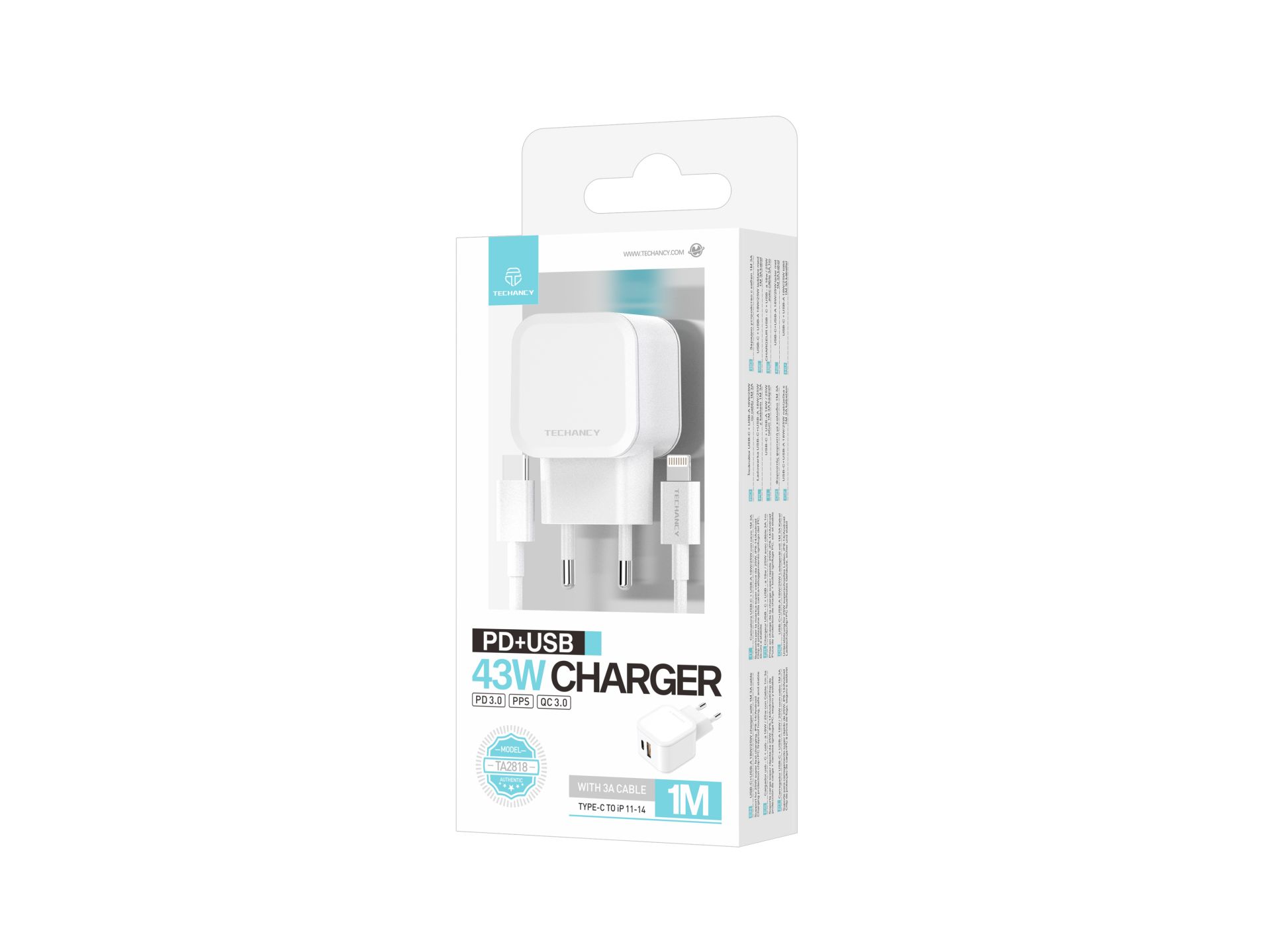 Techancy Carregador USB-C + USB-A 43W com Cabo de 1M 3A, Compatível com iPhone 11-14 e Dispositivos Techancy Carregador USB-C + USB-A 43W com Cabo de 1M 3A, Compatível com iPhone 11-14 e Dispositivos