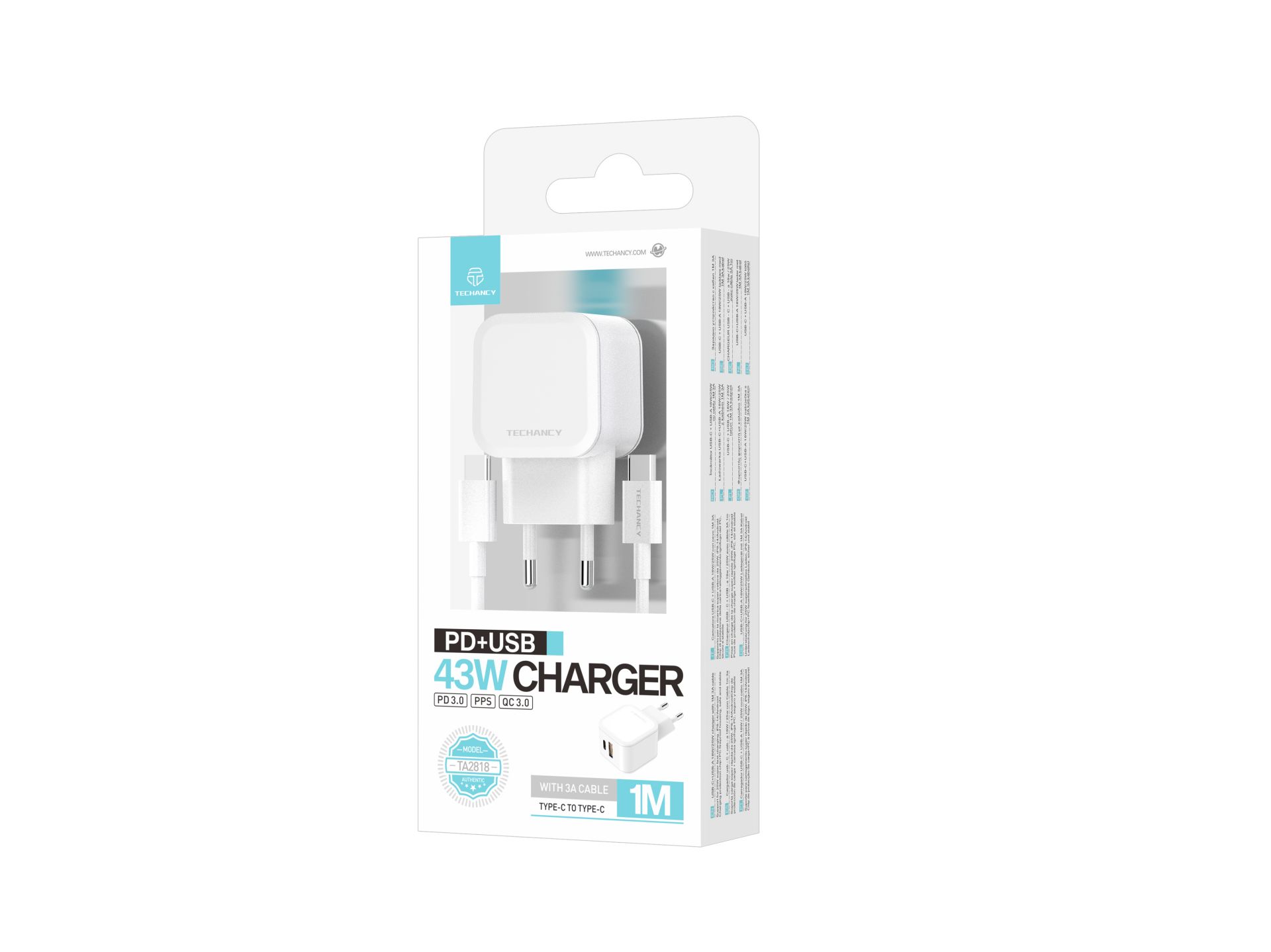 Techancy 43W Fast Charger PD3.0+PPS+QC3.0 USB - with USB-C to USB-C Cable 1m 3A, Compatible with iPh Techancy 43W Fast Charger PD3.0+PPS+QC3.0 USB - with USB-C to USB-C Cable 1m 3A, Compatible with iPh