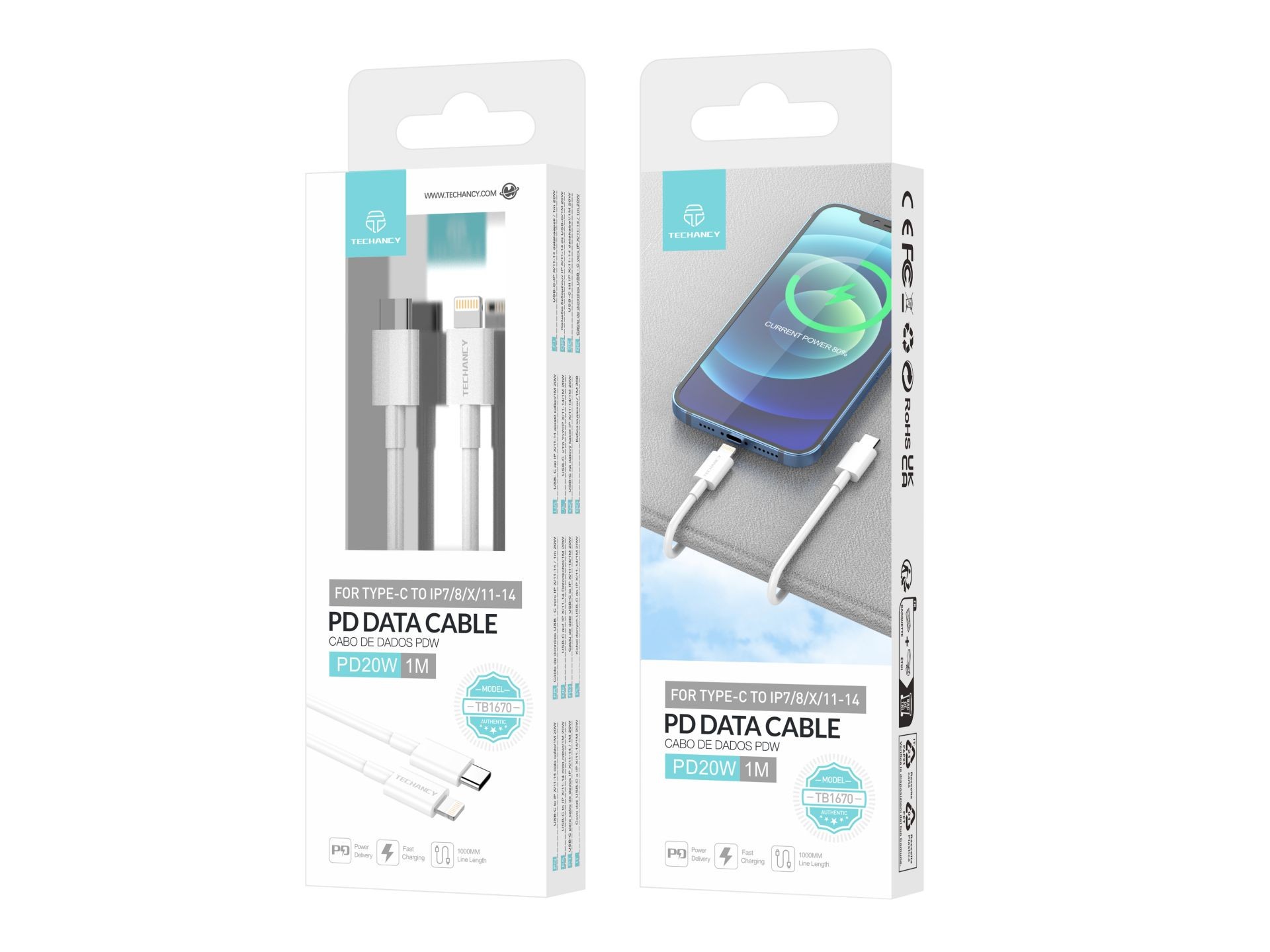 Techancy TB1670 Cabo de Carregamento Rápido USB-C para Lightning 20W, 1 Metro, Compatível com iPhone Techancy TB1670 Cabo de Carregamento Rápido USB-C para Lightning 20W, 1 Metro, Compatível com iPhone