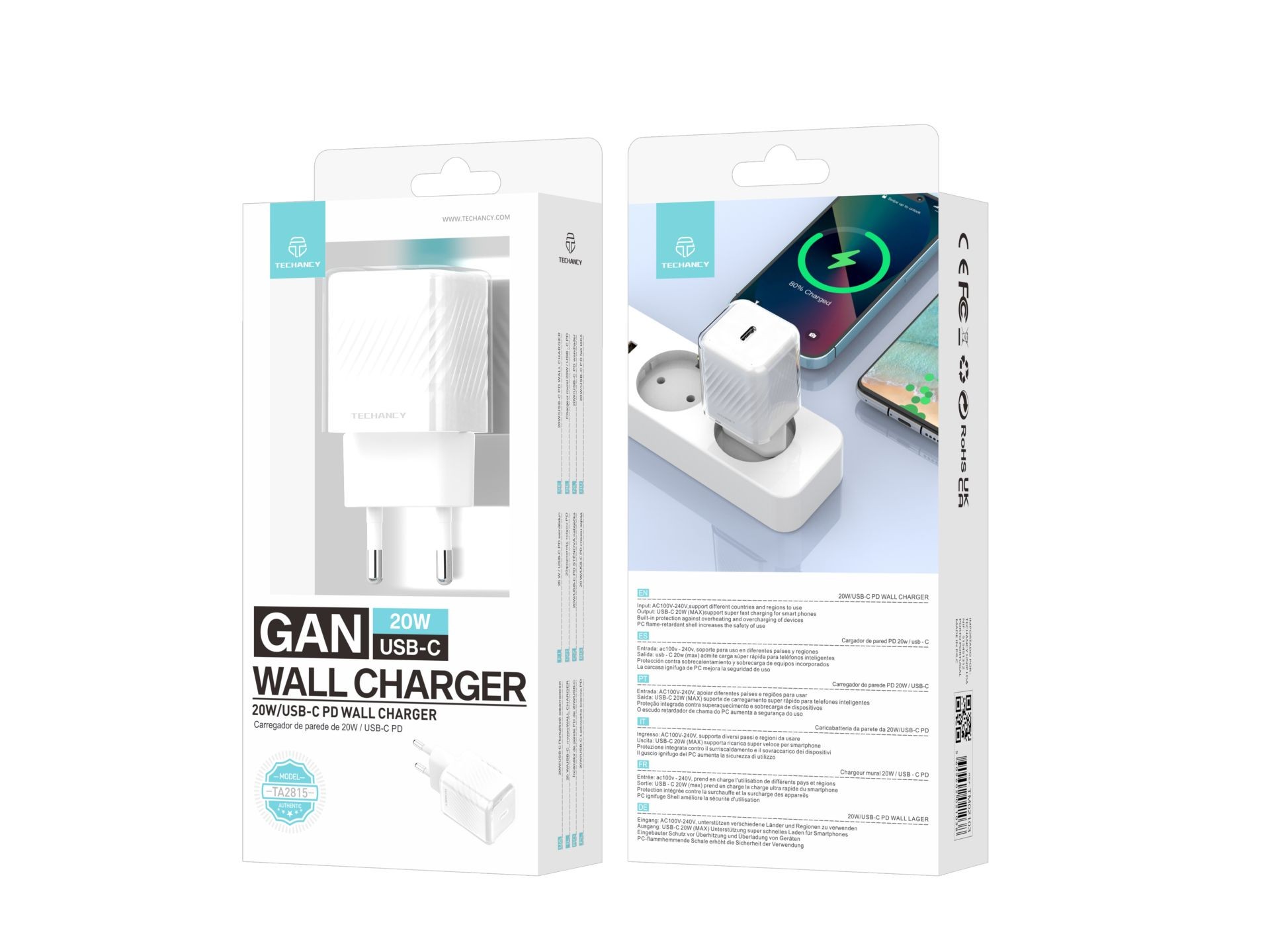 Techancy Carregador TA2815 Branco 20W USB-C PD GaN Carregamento Rápido Branco Techancy Carregador TA2815 Branco 20W USB-C PD GaN Carregamento Rápido Branco