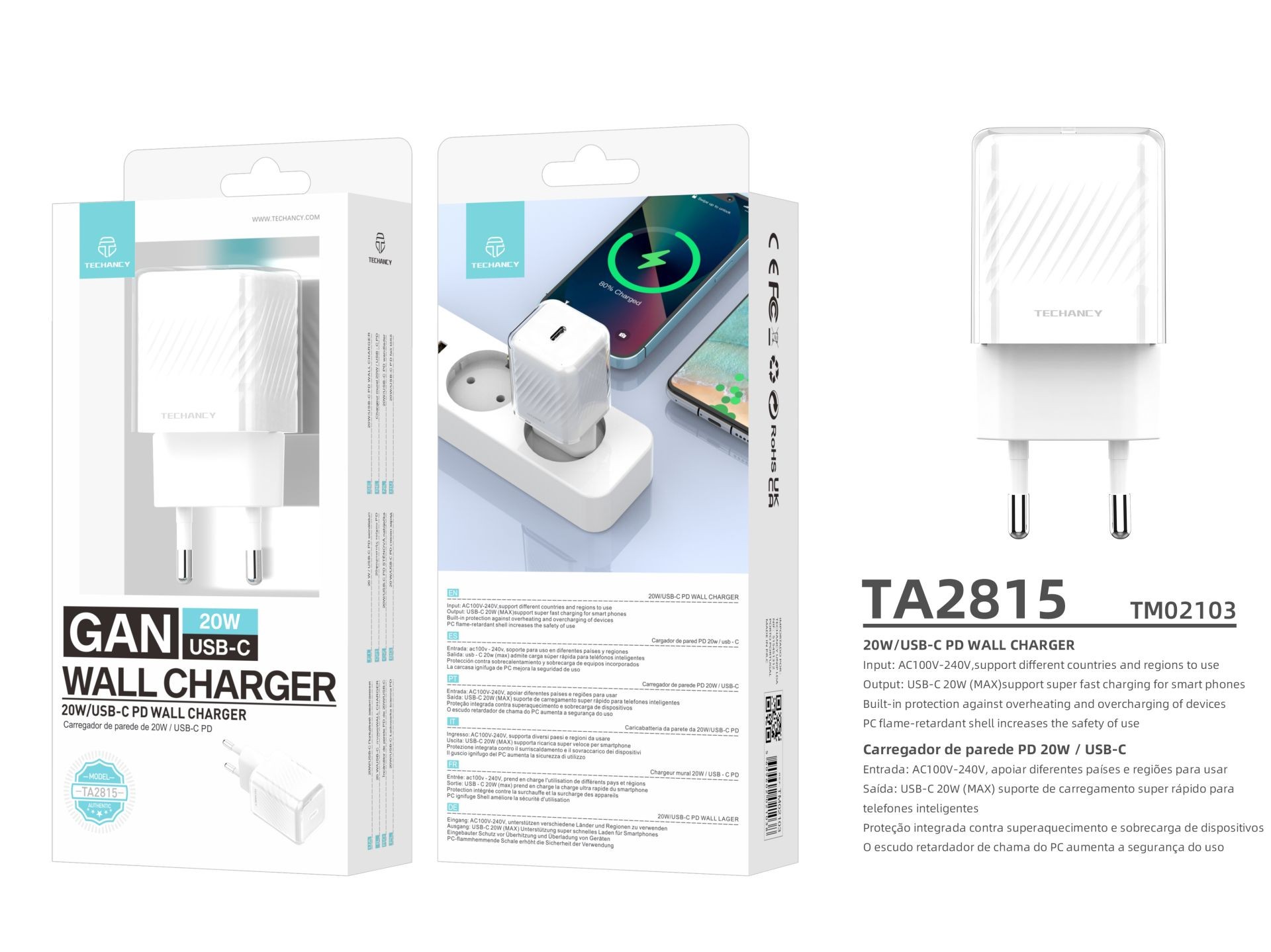 Techancy Carregador TA2815 Branco 20W USB-C PD GaN Carregamento Rápido Branco Techancy Carregador TA2815 Branco 20W USB-C PD GaN Carregamento Rápido Branco