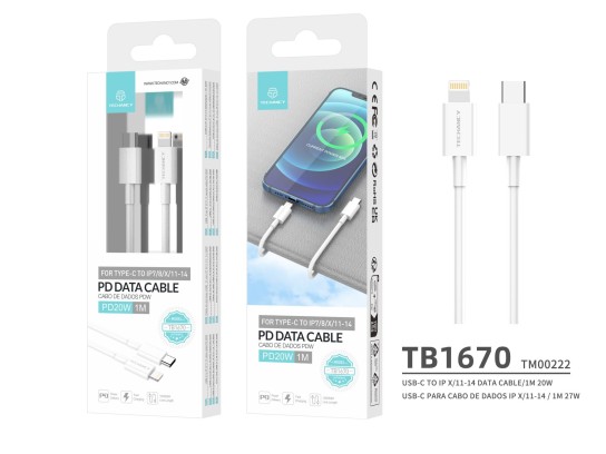 Techancy TB1670 Cabo de Carregamento Rápido USB-C para Lightning 20W, 1 Metro, Compatível com iPhone Techancy TB1670 Cabo de Carregamento Rápido USB-C para Lightning 20W, 1 Metro, Compatível com iPhone