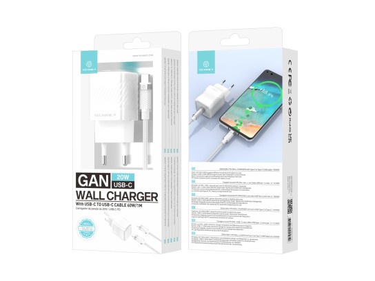 Techancy TA2816 GaN Charger 20W USB-C PD with USB-C to USB-C Cable 60W/1M, White Techancy TA2816 GaN Charger 20W USB-C PD with USB-C to USB-C Cable 60W/1M, White