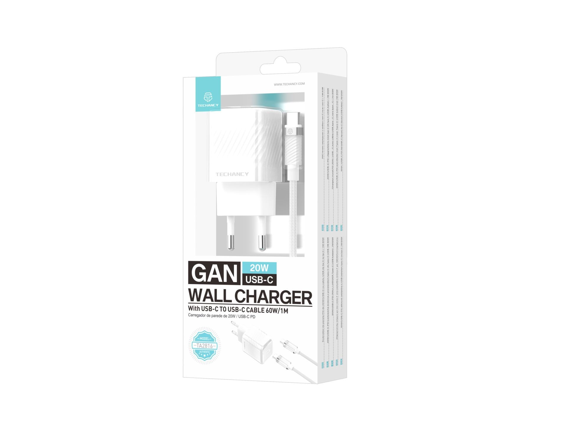 Techancy TA2816 GaN Charger 20W USB-C PD with USB-C to USB-C Cable 60W/1M, White Techancy TA2816 GaN Charger 20W USB-C PD with USB-C to USB-C Cable 60W/1M, White